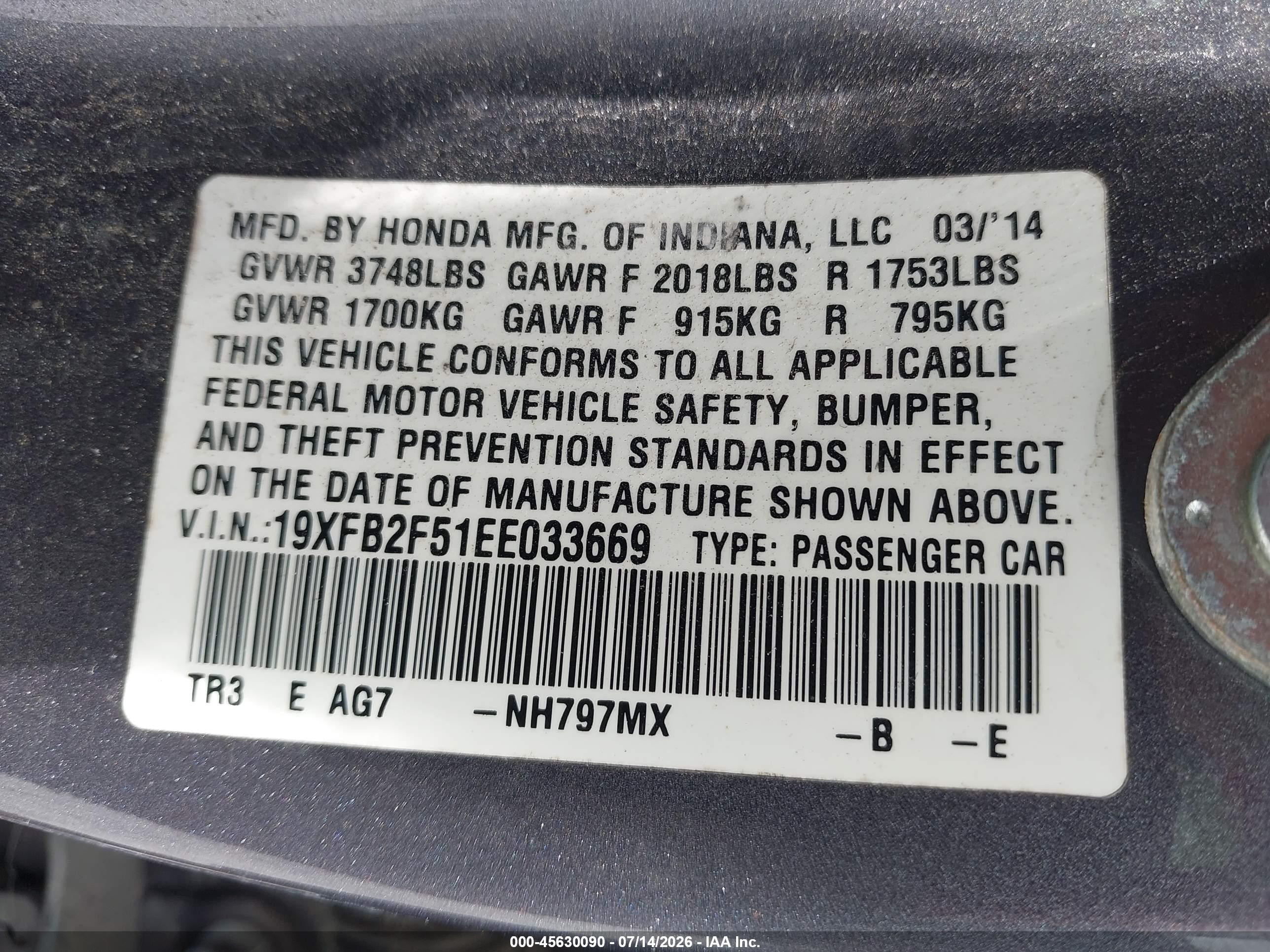 2014 Honda Civic Lx Gray vin: 19XFB2F51EE033669