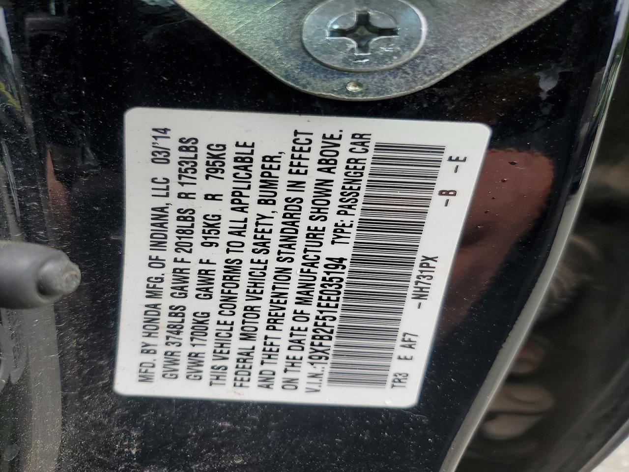 2014 Honda Civic Lx Black vin: 19XFB2F51EE035194