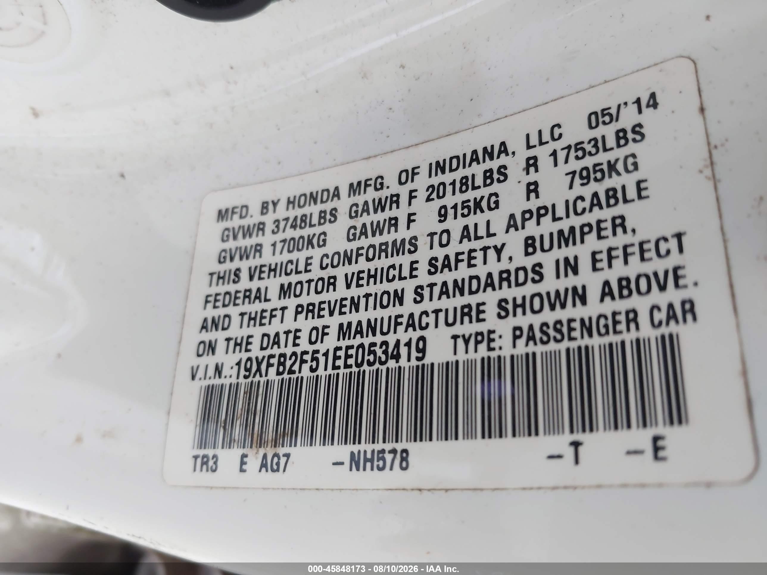 2014 Honda Civic Lx White vin: 19XFB2F51EE053419