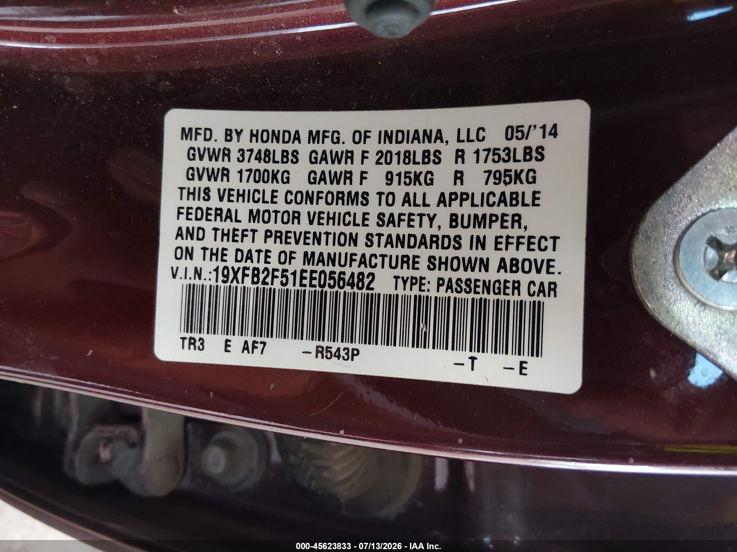 2014 Honda Civic Lx Maroon vin: 19XFB2F51EE056482