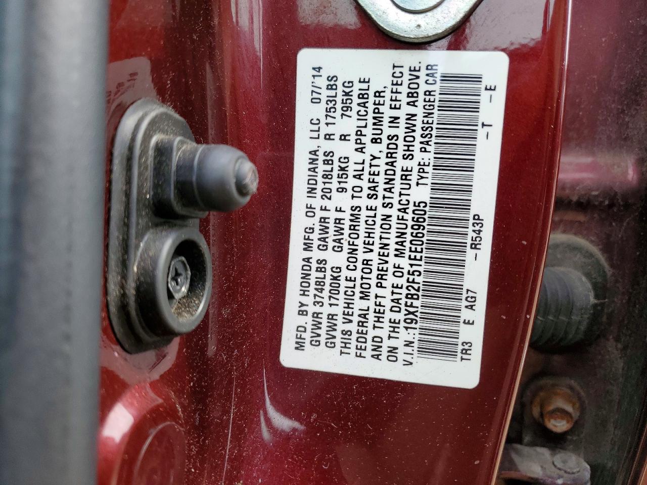 2014 Honda Civic Lx Burgundy vin: 19XFB2F51EE069605