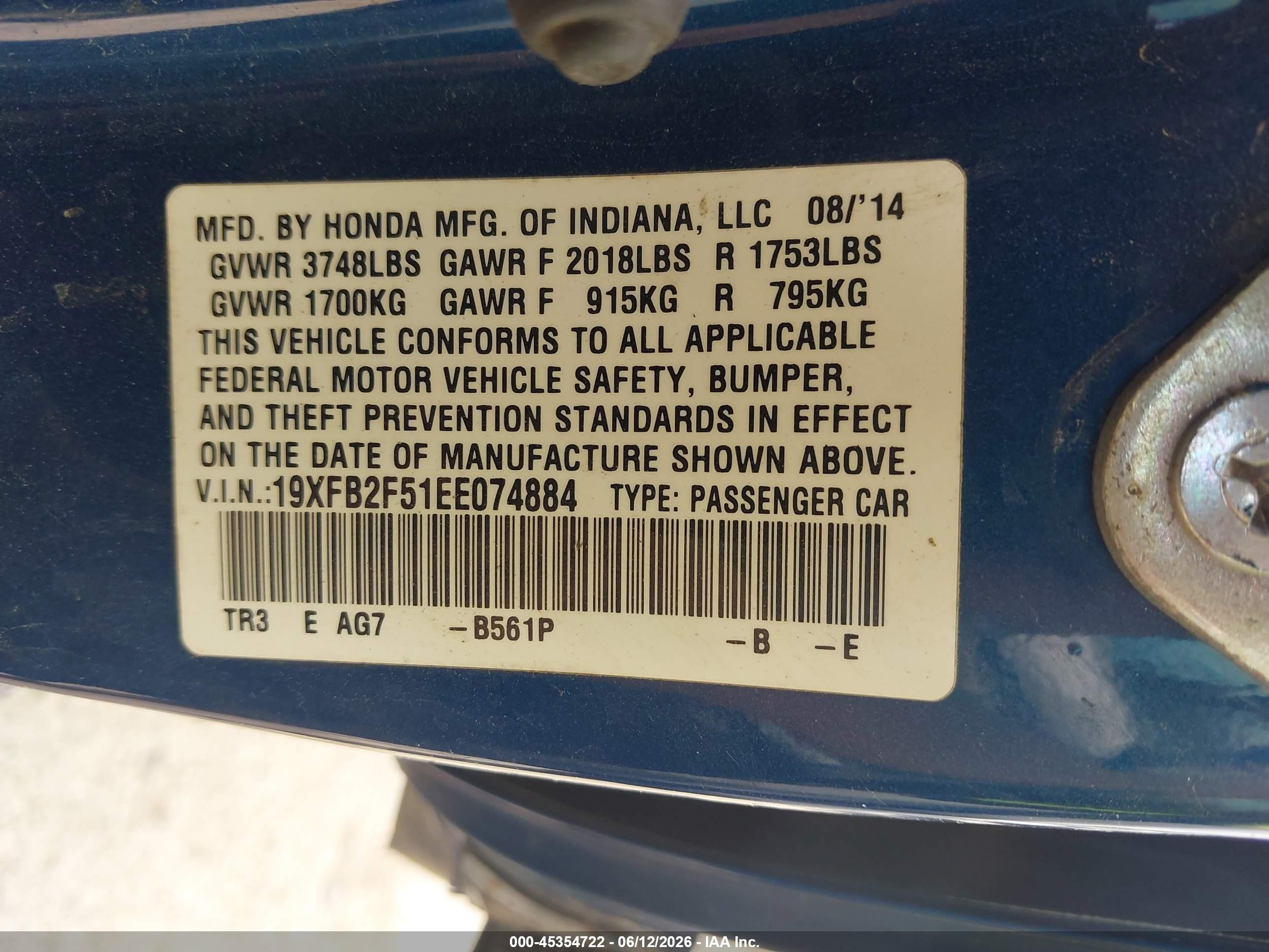 2014 Honda Civic Lx Blue vin: 19XFB2F51EE074884