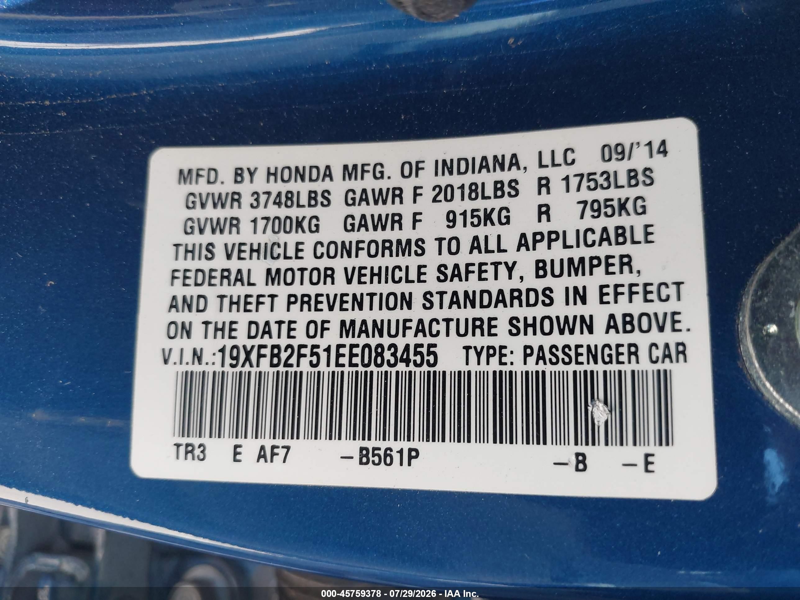 2014 Honda Civic Lx Blue vin: 19XFB2F51EE083455