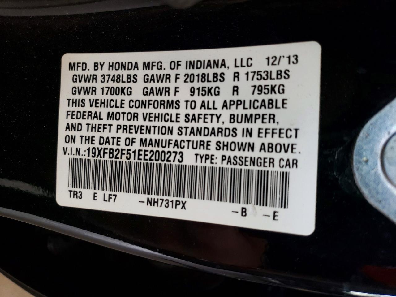 2014 Honda Civic Lx Black vin: 19XFB2F51EE200273
