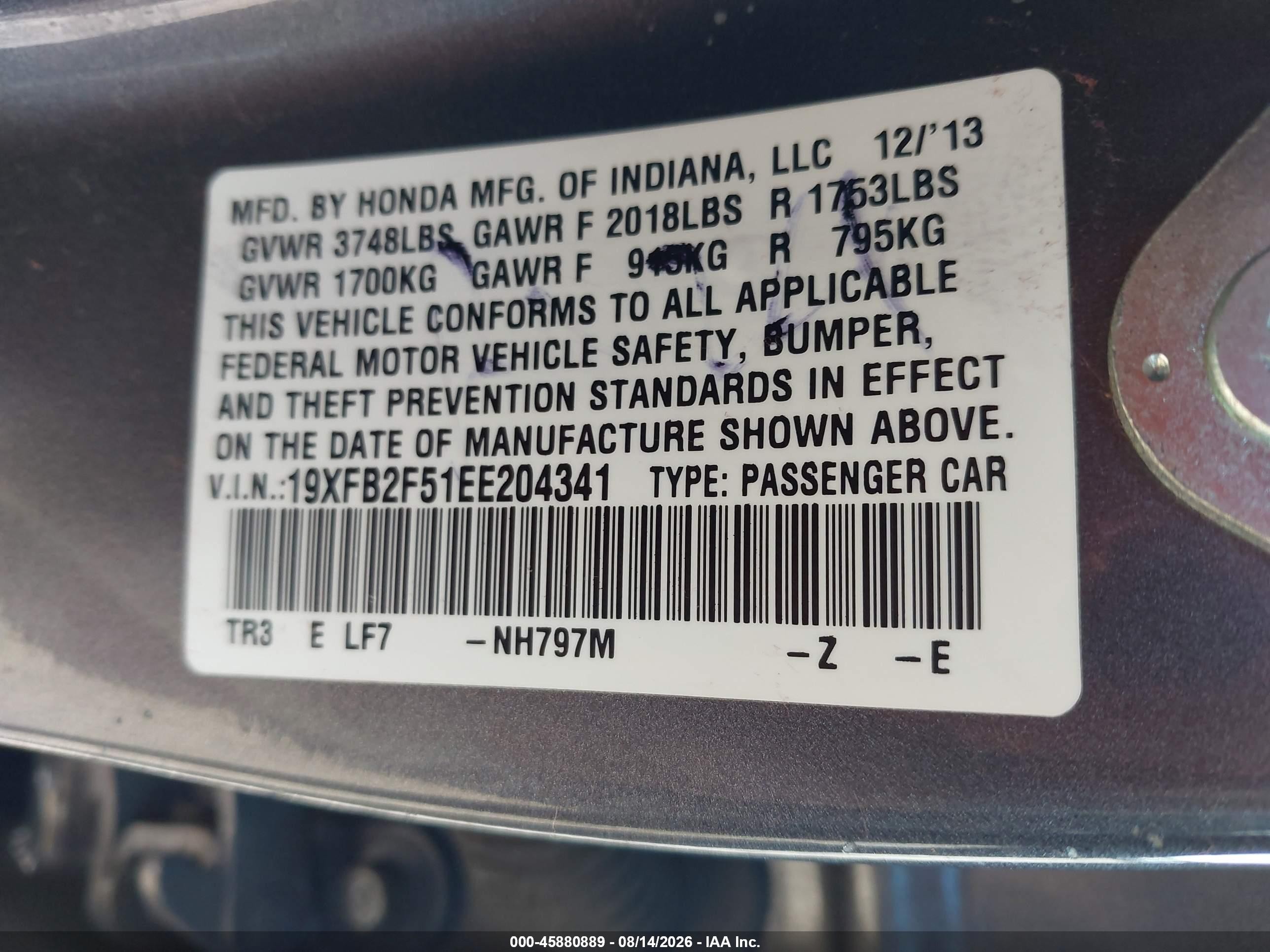 2014 Honda Civic Lx Gray vin: 19XFB2F51EE204341