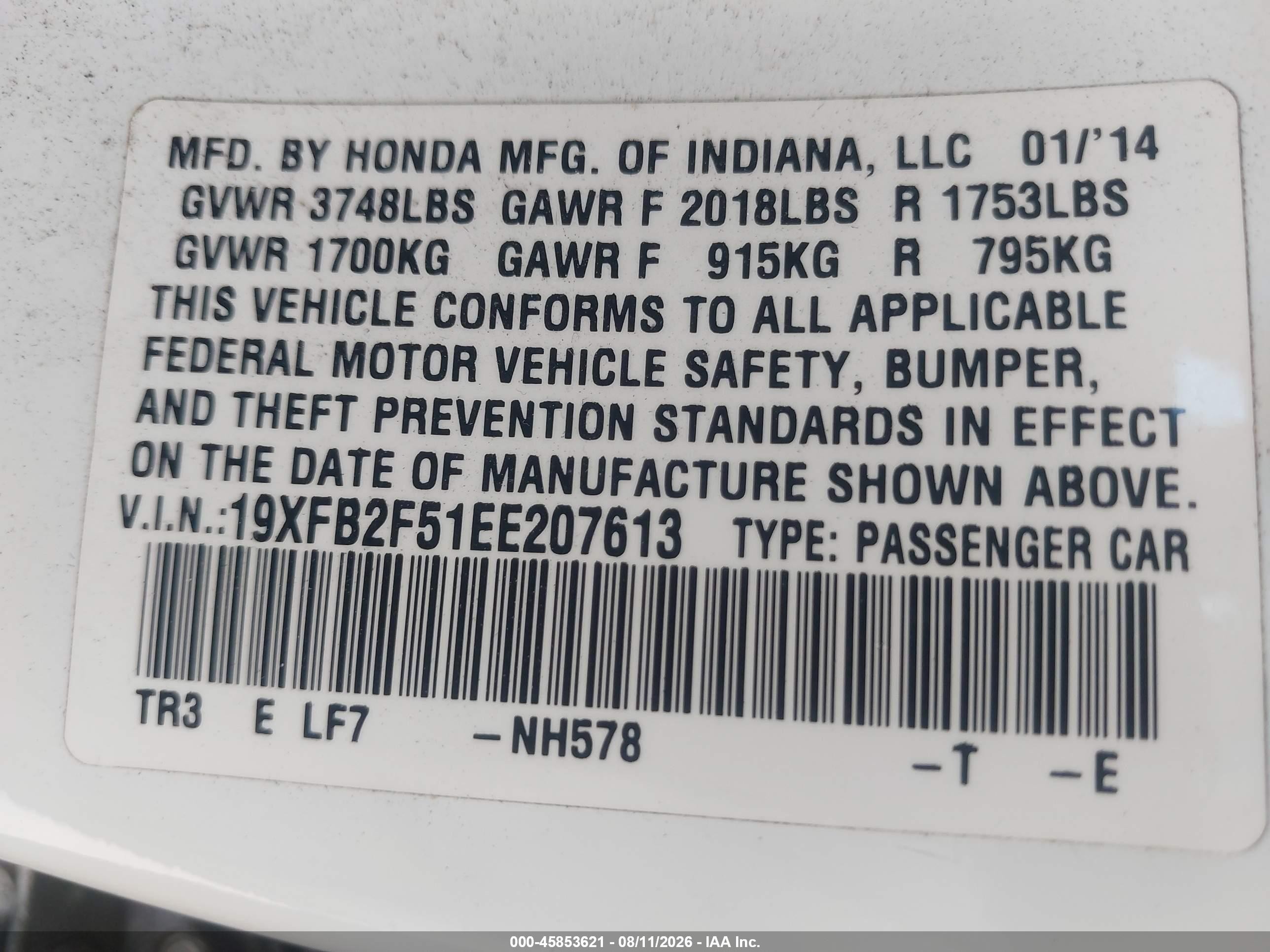 2014 Honda Civic Lx White vin: 19XFB2F51EE207613
