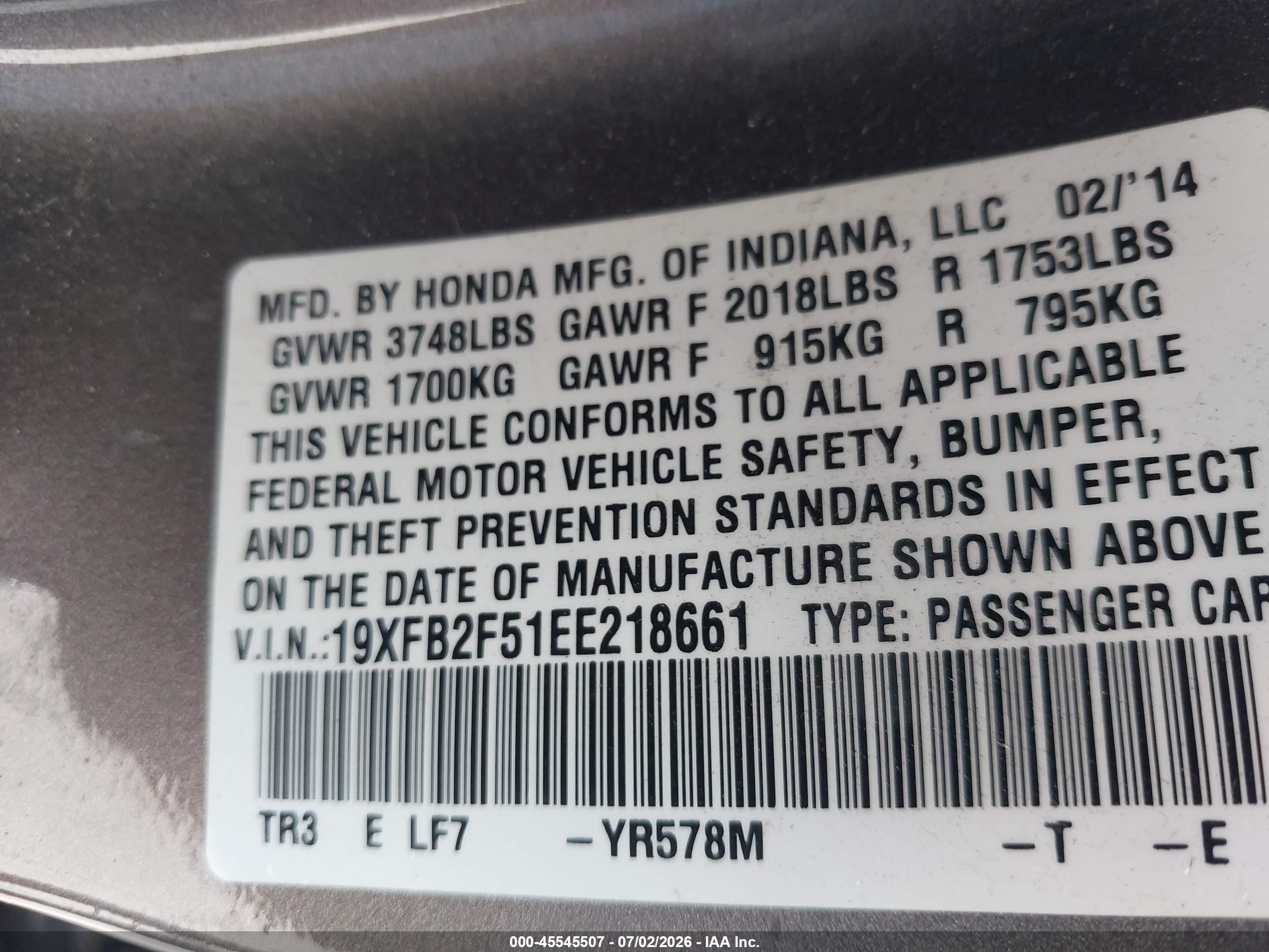 2014 Honda Civic Lx Gray vin: 19XFB2F51EE218661