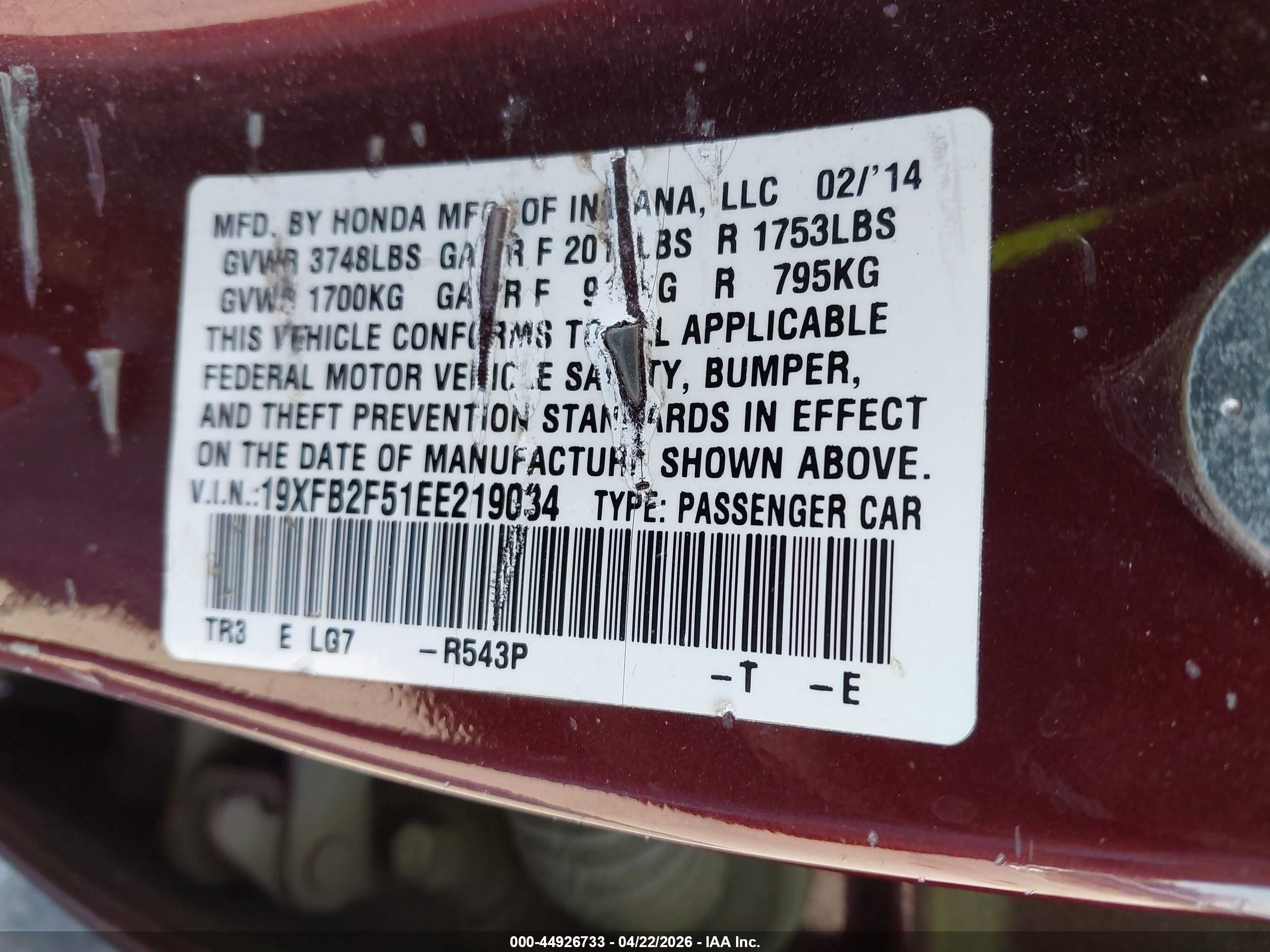 2014 Honda Civic Lx Burgundy vin: 19XFB2F51EE219034