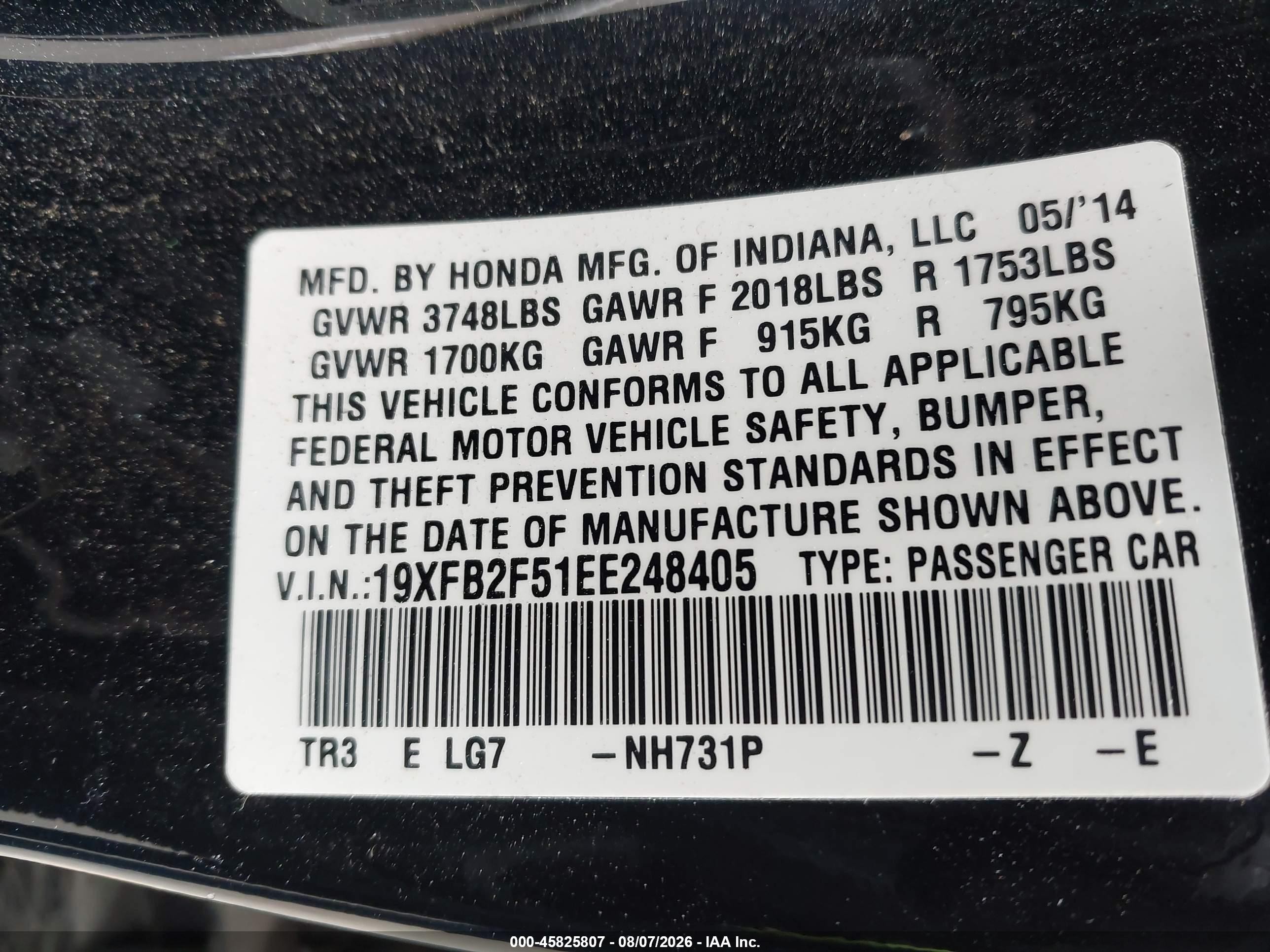 2014 Honda Civic Lx Черный vin: 19XFB2F51EE248405