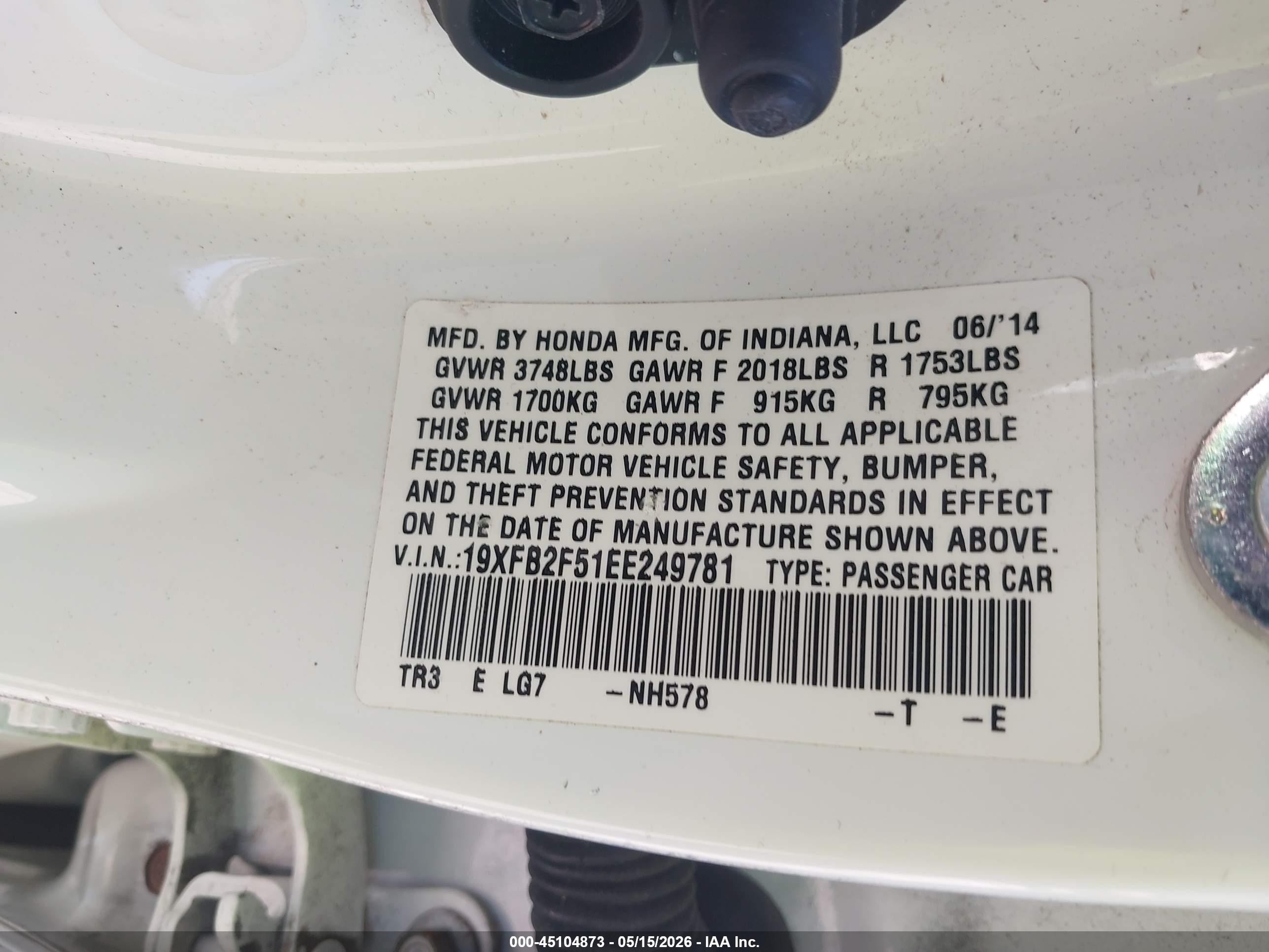 2014 Honda Civic Lx White vin: 19XFB2F51EE249781