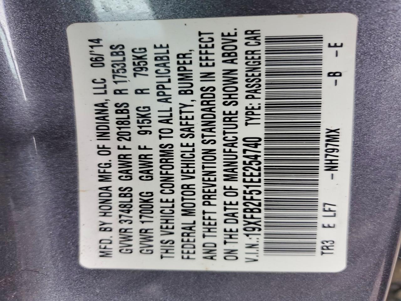 2014 Honda Civic Lx Gray vin: 19XFB2F51EE254740