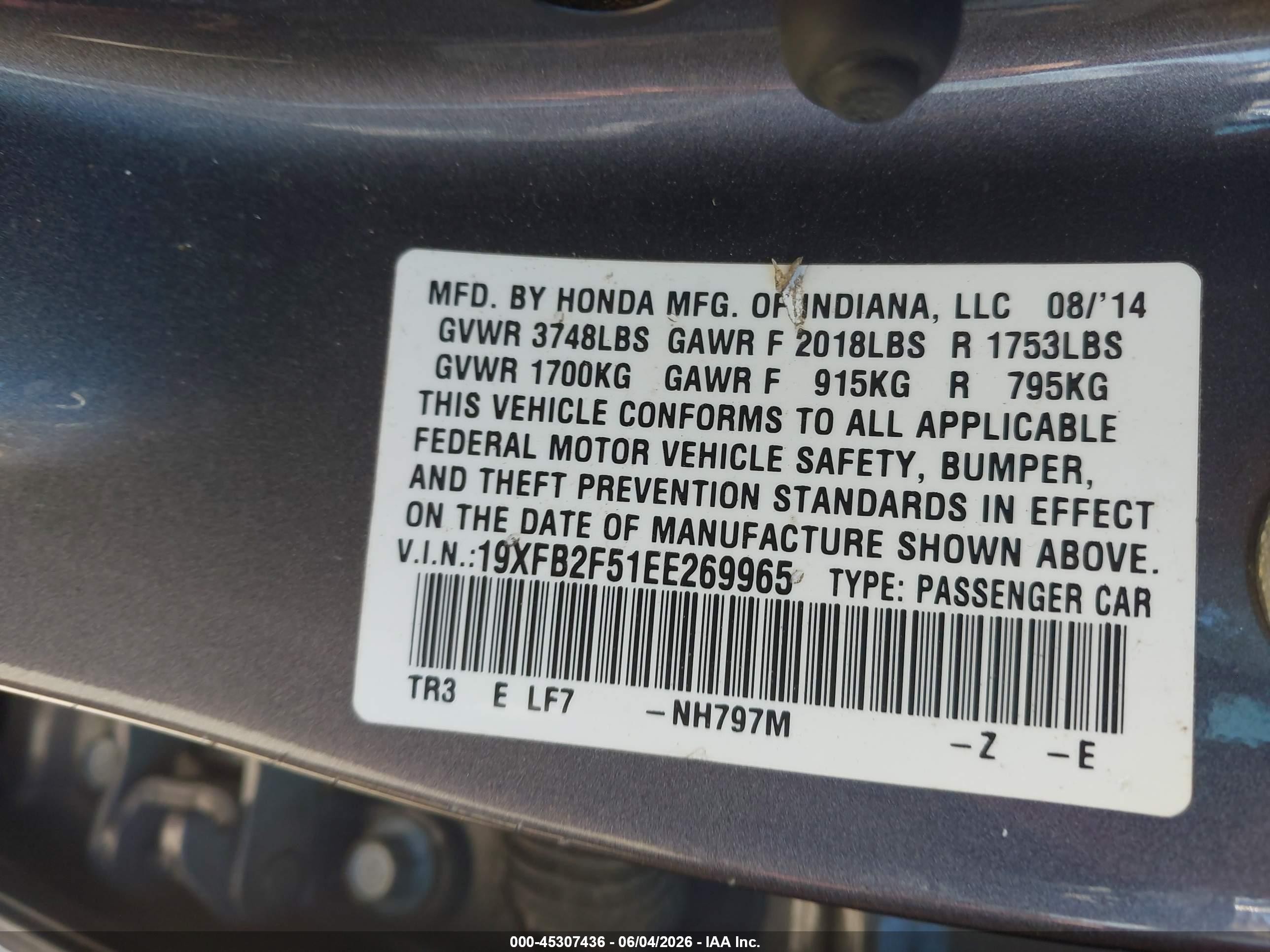 2014 Honda Civic Lx Gray vin: 19XFB2F51EE269965