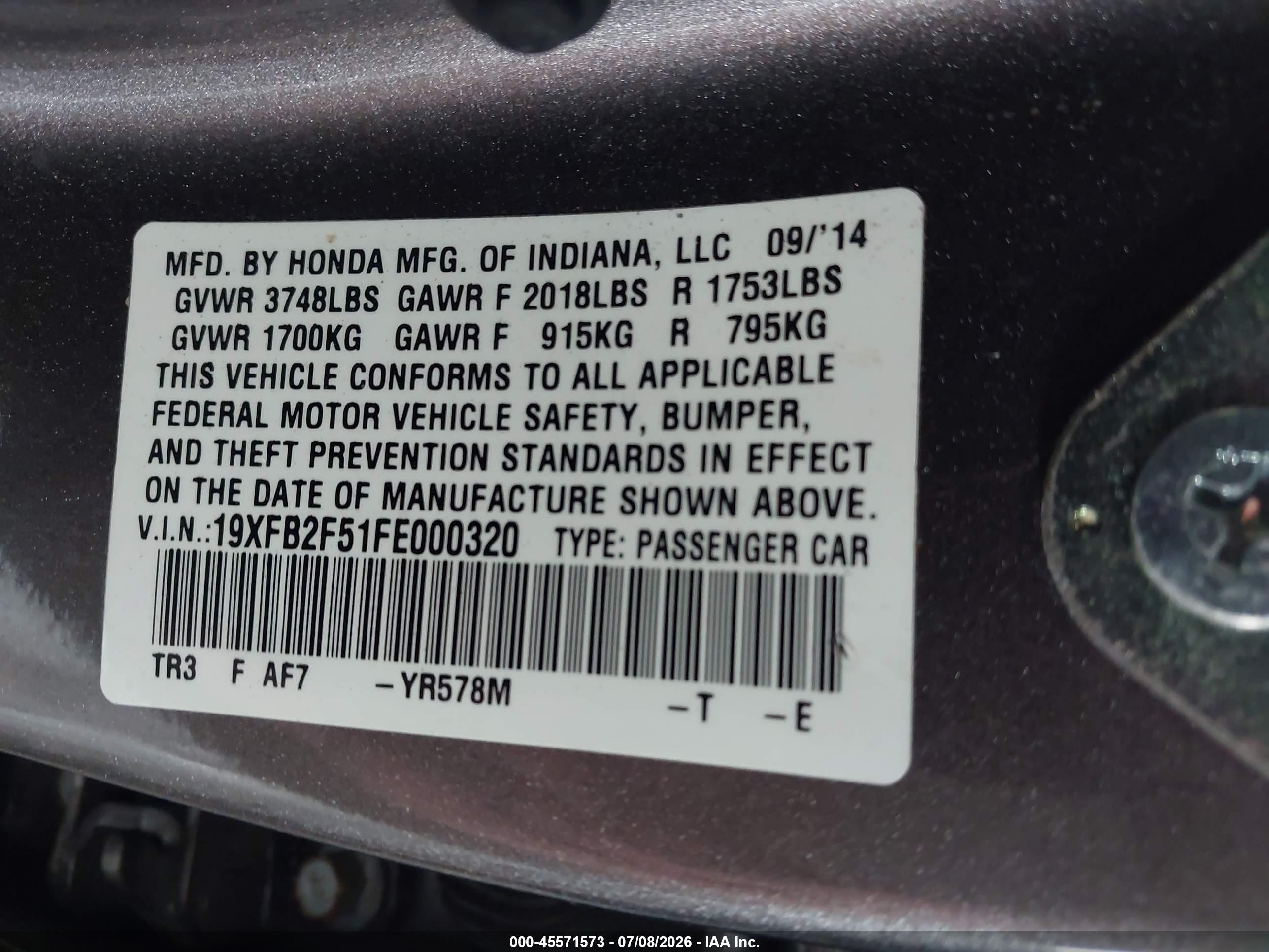 2015 Honda Civic Lx Champagne vin: 19XFB2F51FE000320