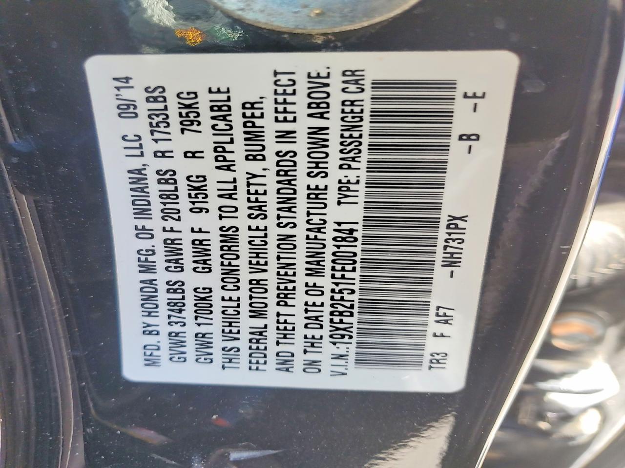 2015 Honda Civic Lx Черный vin: 19XFB2F51FE001841