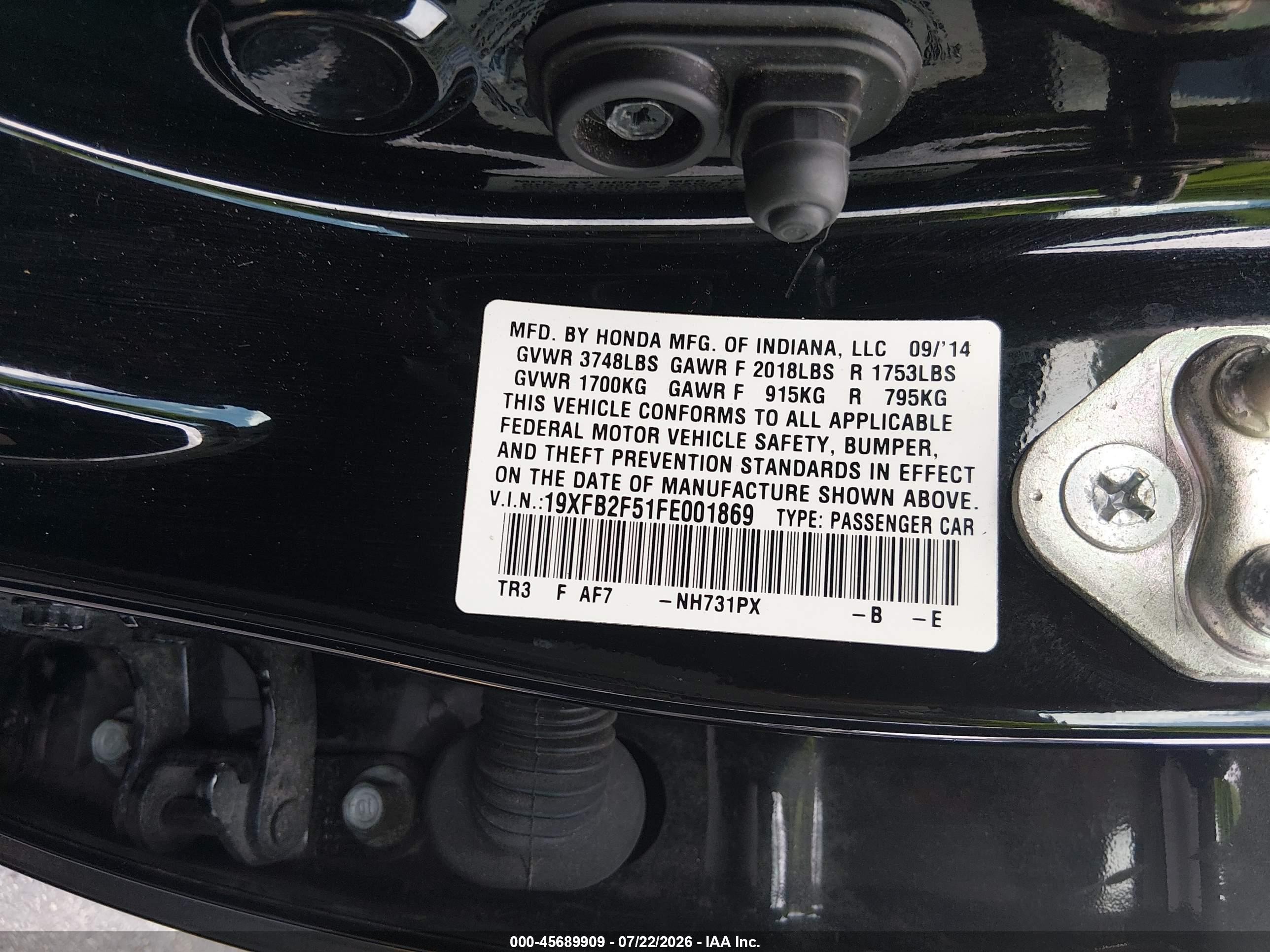 2015 Honda Civic Lx Black vin: 19XFB2F51FE001869