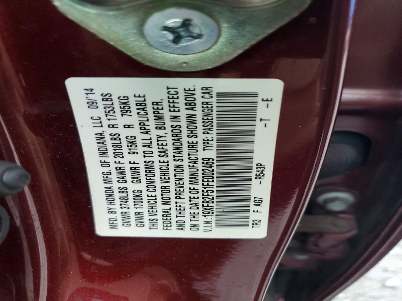 2015 Honda Civic Lx Burgundy vin: 19XFB2F51FE002469