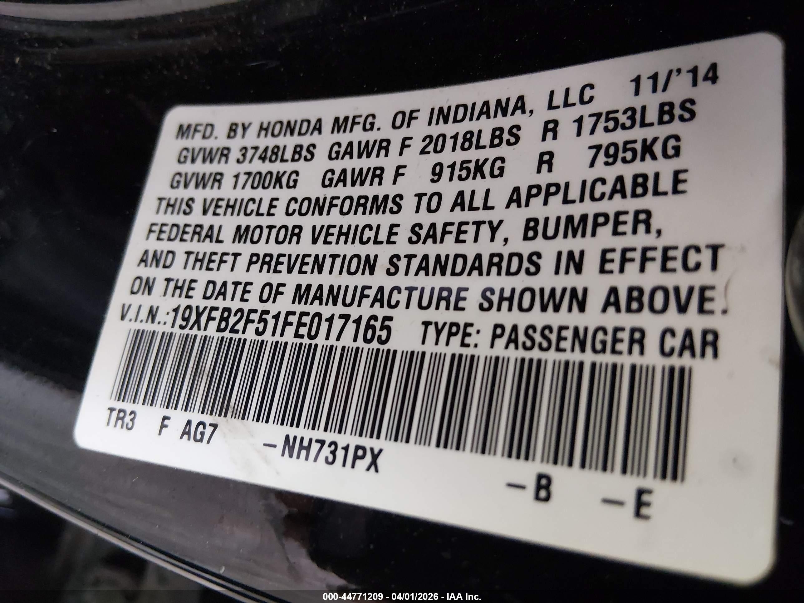 2015 Honda Civic Lx Black vin: 19XFB2F51FE017165