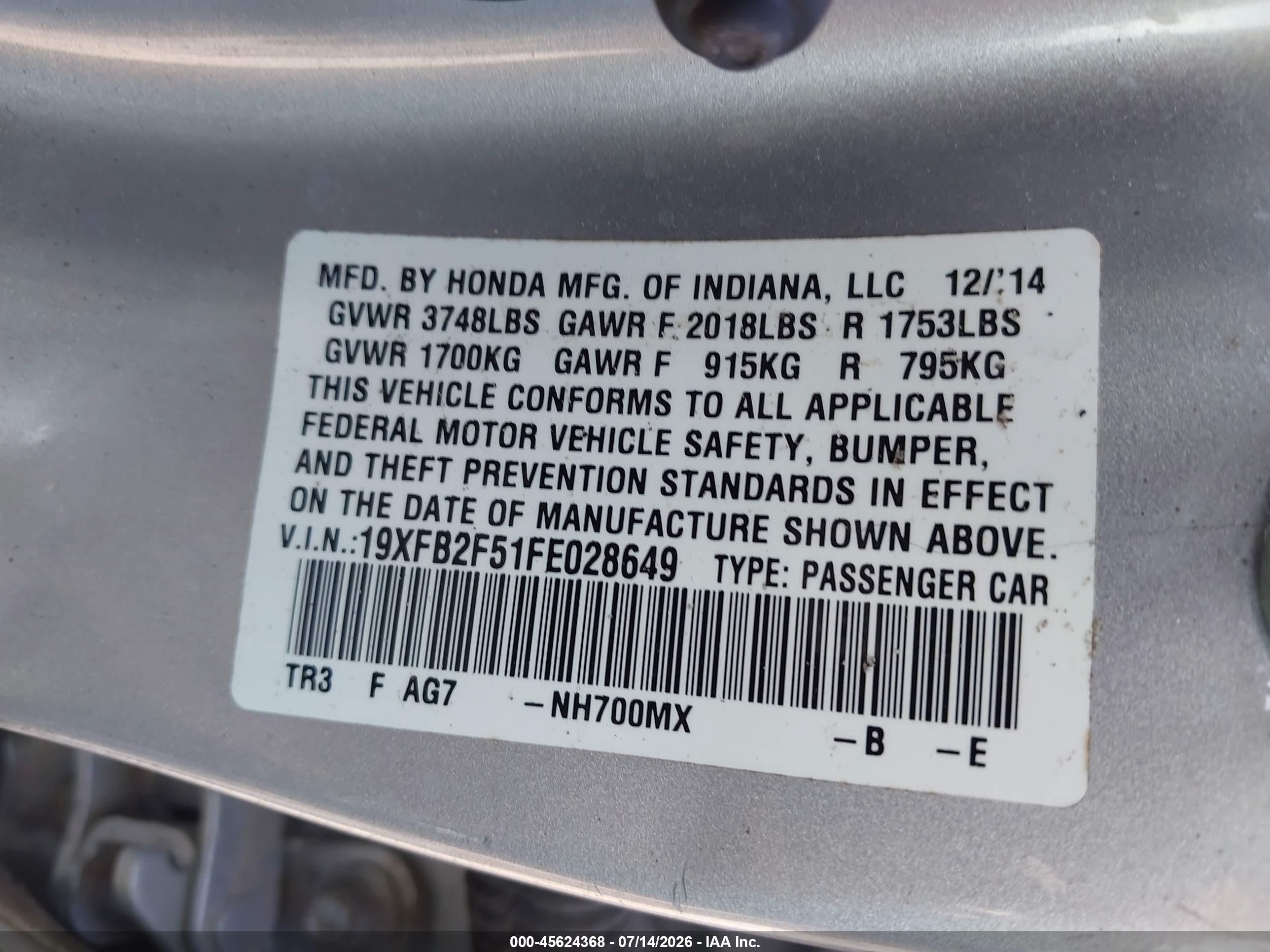 2015 Honda Civic Lx Silver vin: 19XFB2F51FE028649