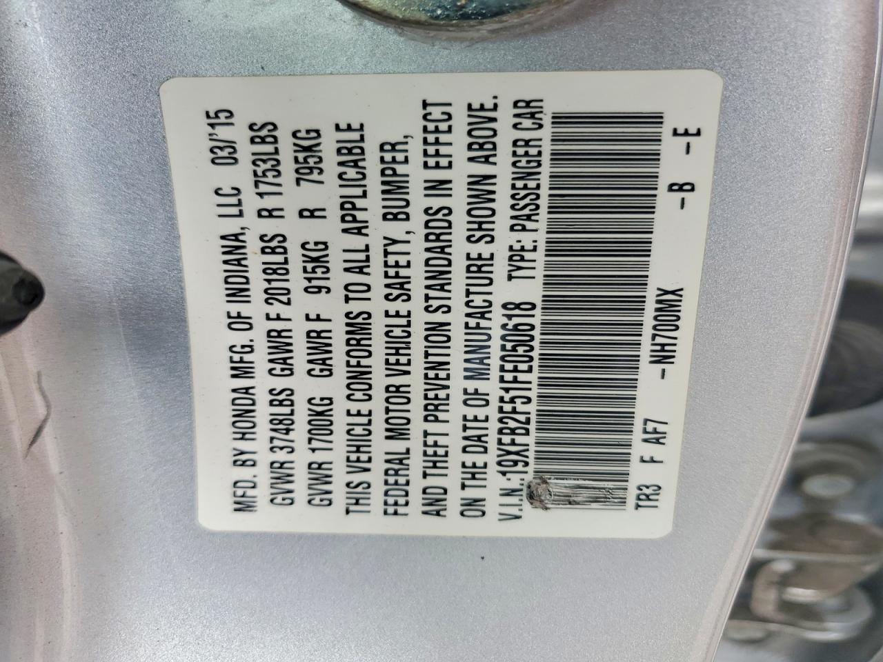 2015 Toyt Civic Серебряный vin: 19XFB2F51FE050618