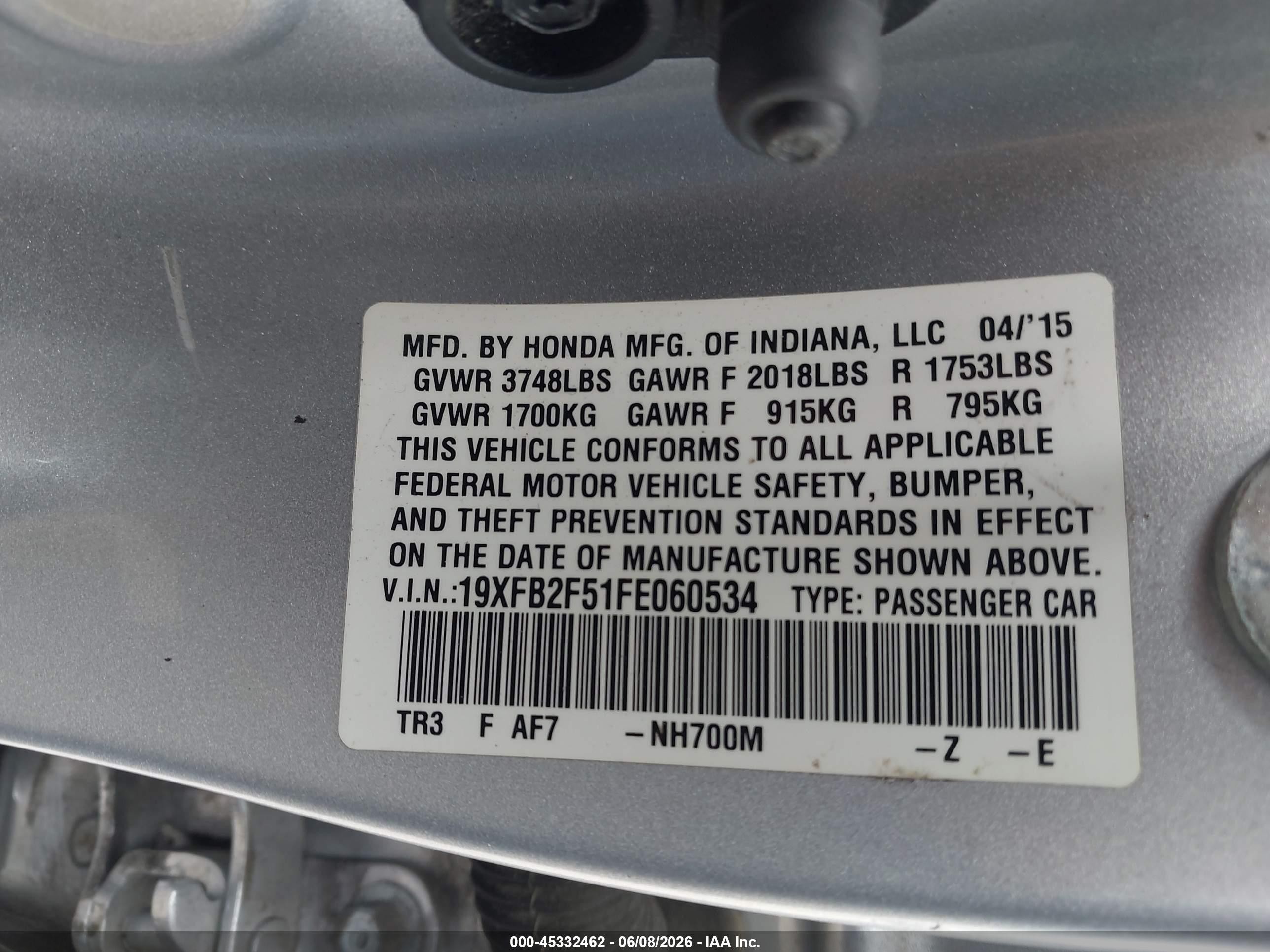 2015 Honda Civic Lx Silver vin: 19XFB2F51FE060534
