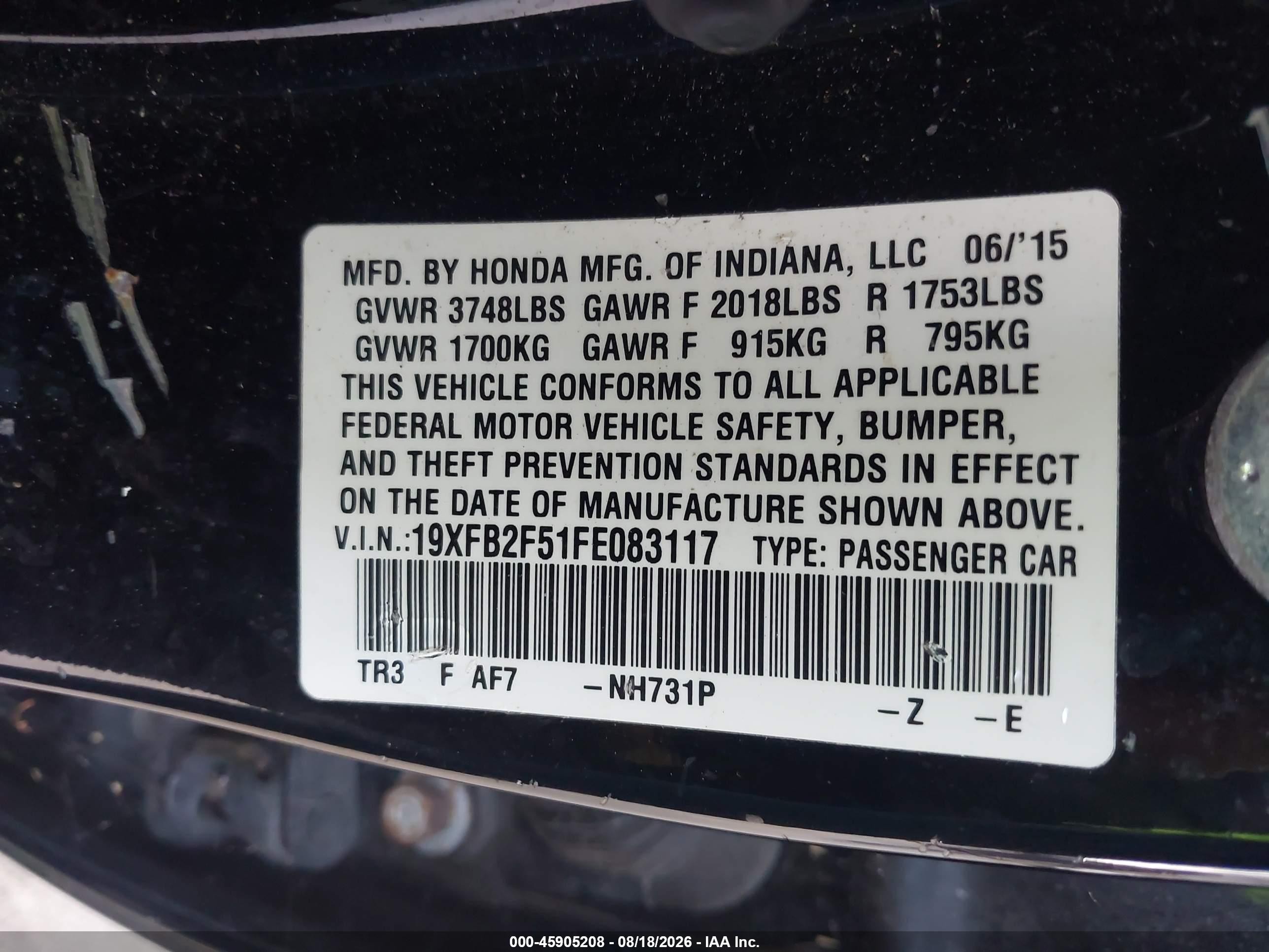 2015 Honda Civic Lx Черный vin: 19XFB2F51FE083117