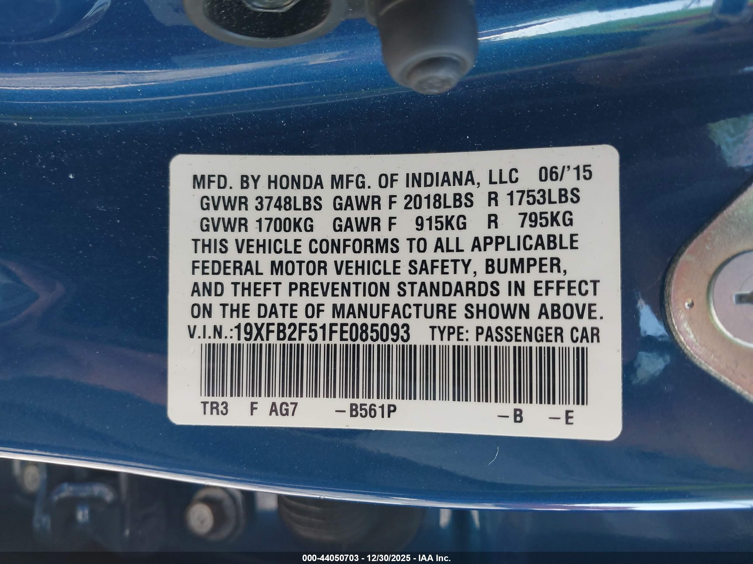 2015 Honda Civic Lx Blue vin: 19XFB2F51FE085093
