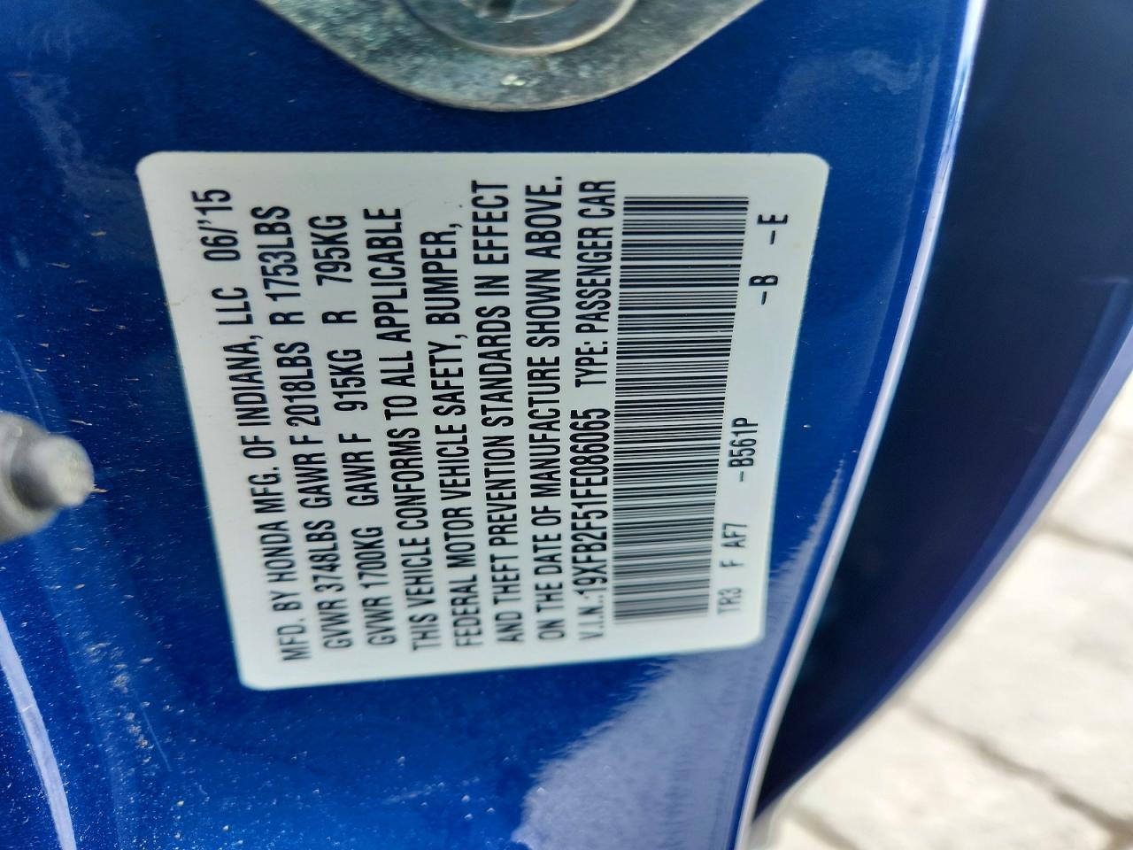 2015 Honda Civic Lx Blue vin: 19XFB2F51FE086065