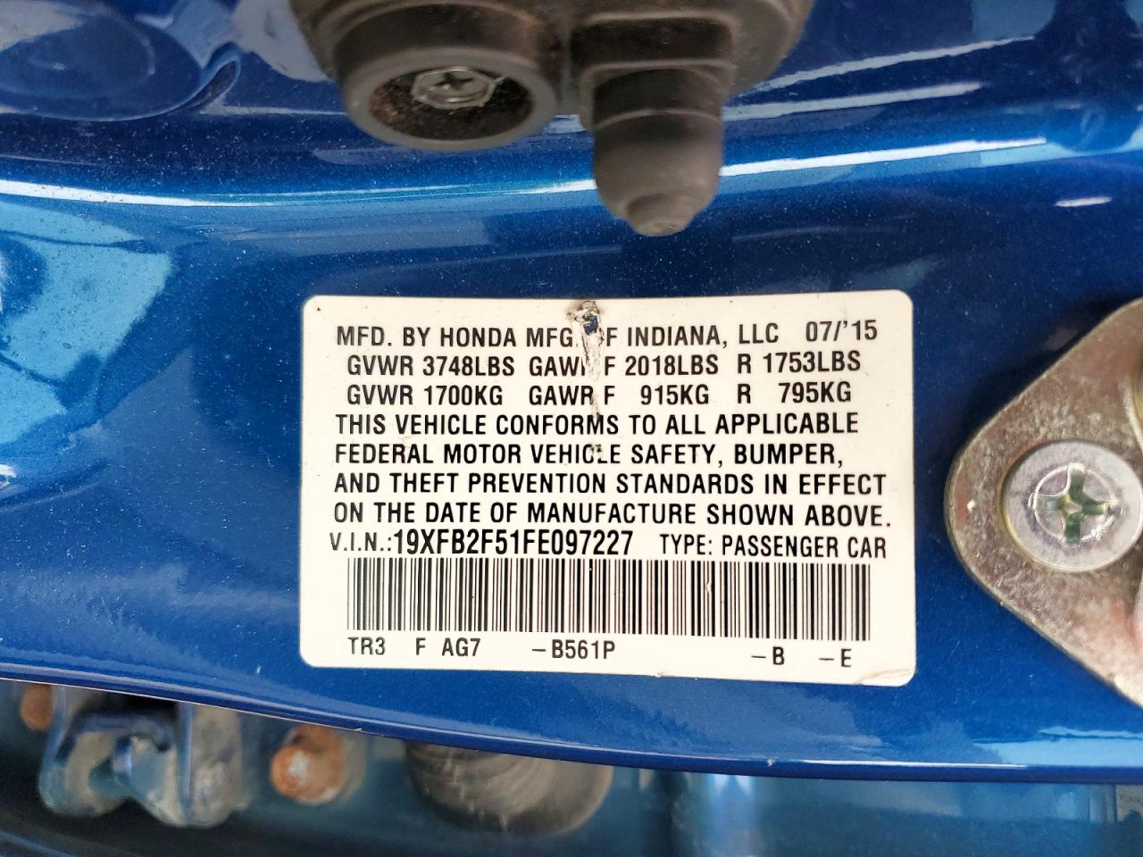 2015 Honda Civic Lx Blue vin: 19XFB2F51FE097227