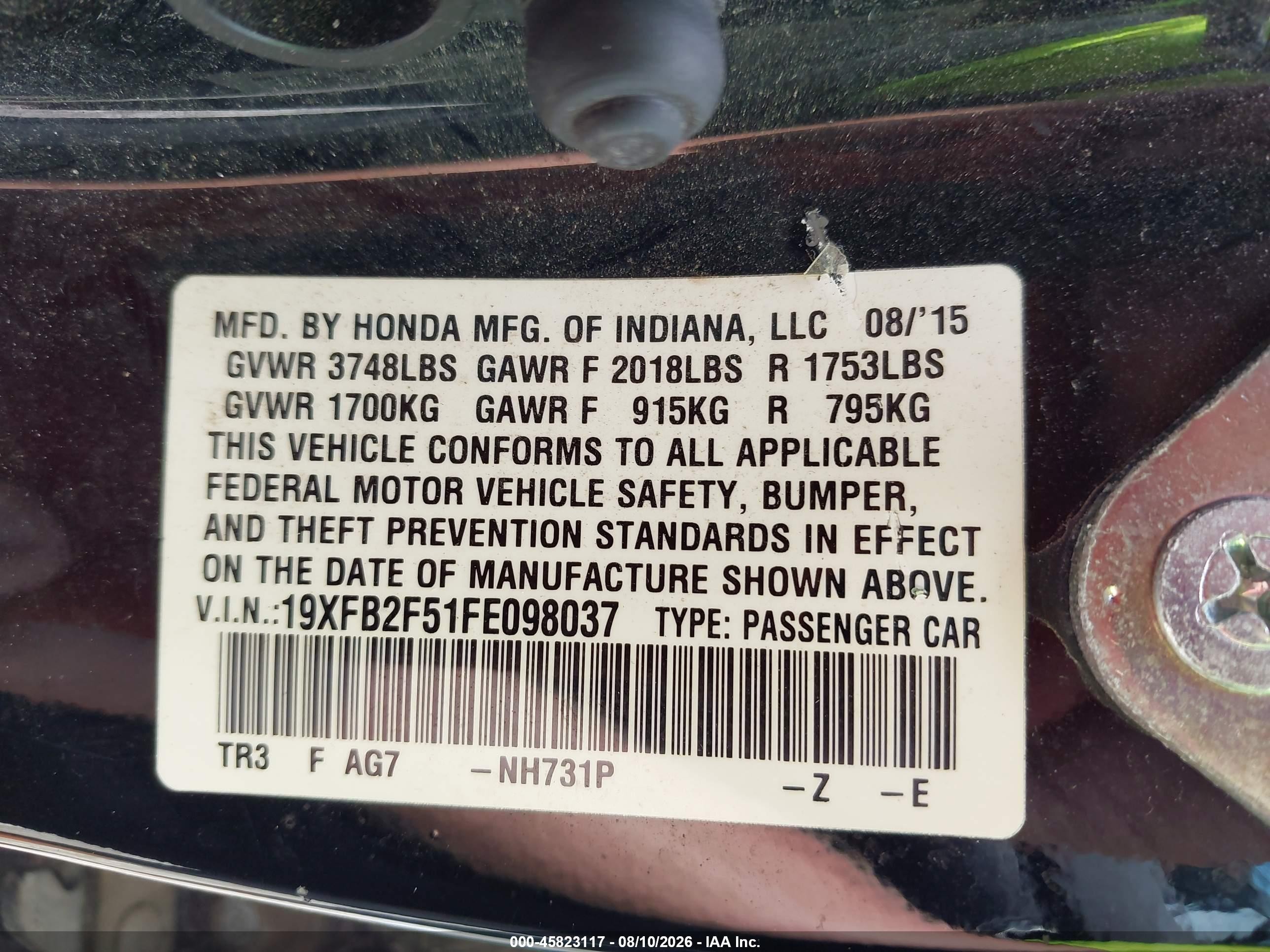 2015 Honda Civic Lx Black vin: 19XFB2F51FE098037