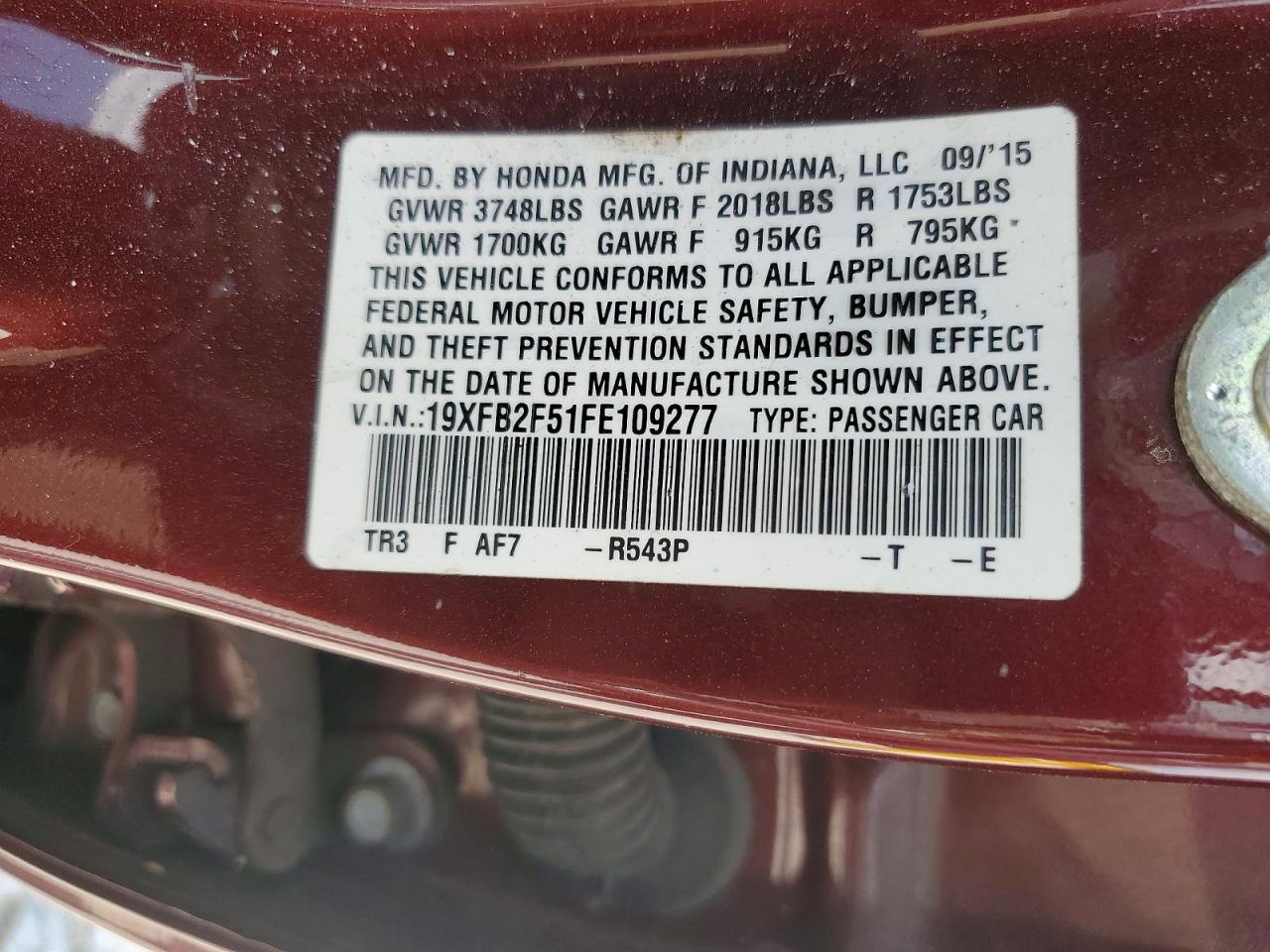 2015 Honda Civic Lx Burgundy vin: 19XFB2F51FE109277