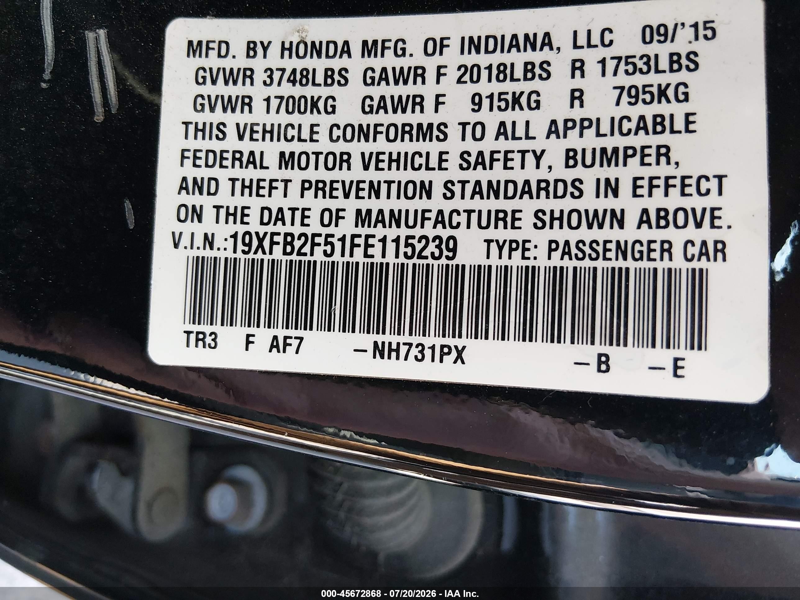 2015 Honda Civic Lx Черный vin: 19XFB2F51FE115239