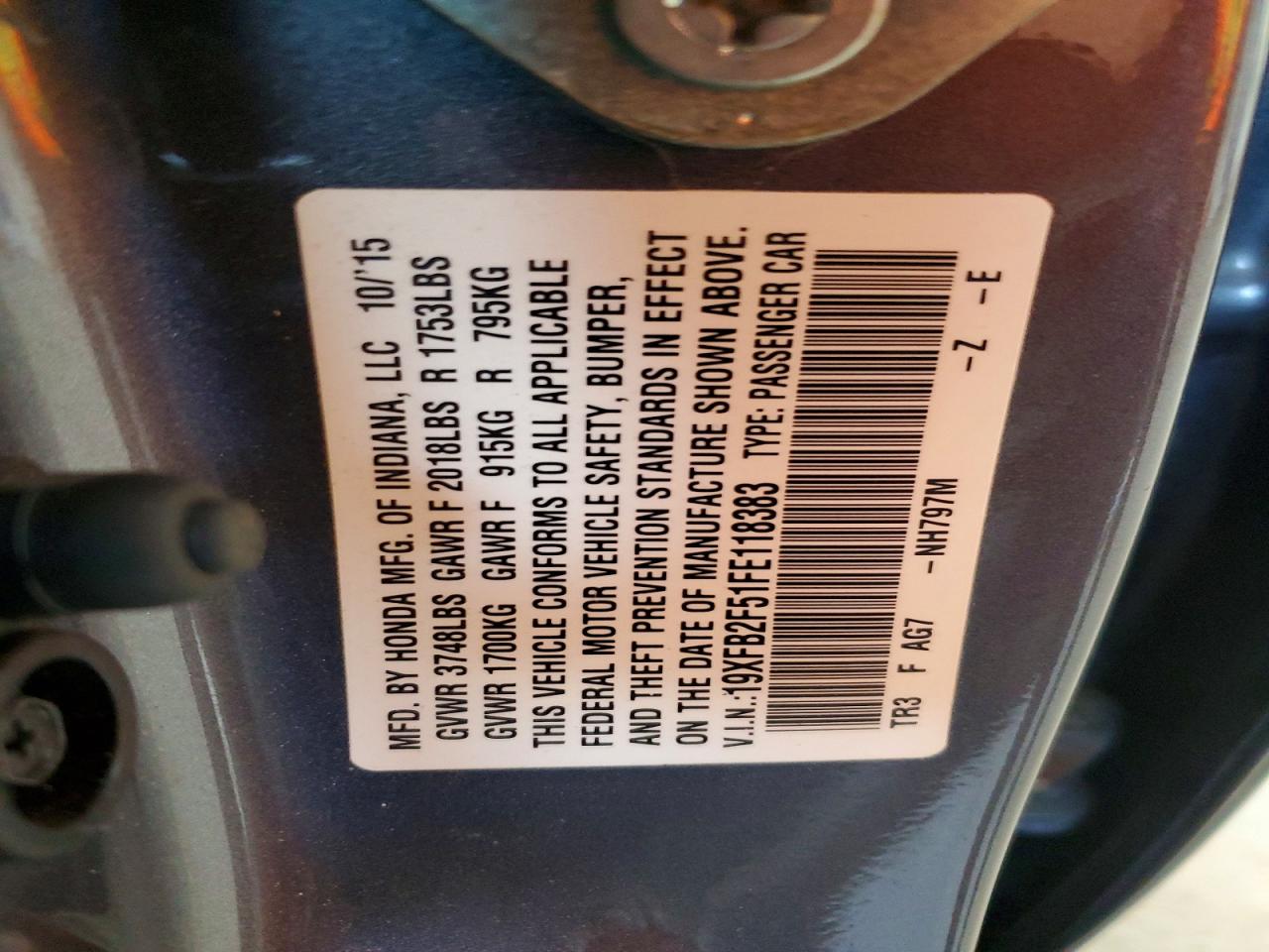 2015 Honda Civic Lx Charcoal vin: 19XFB2F51FE118383