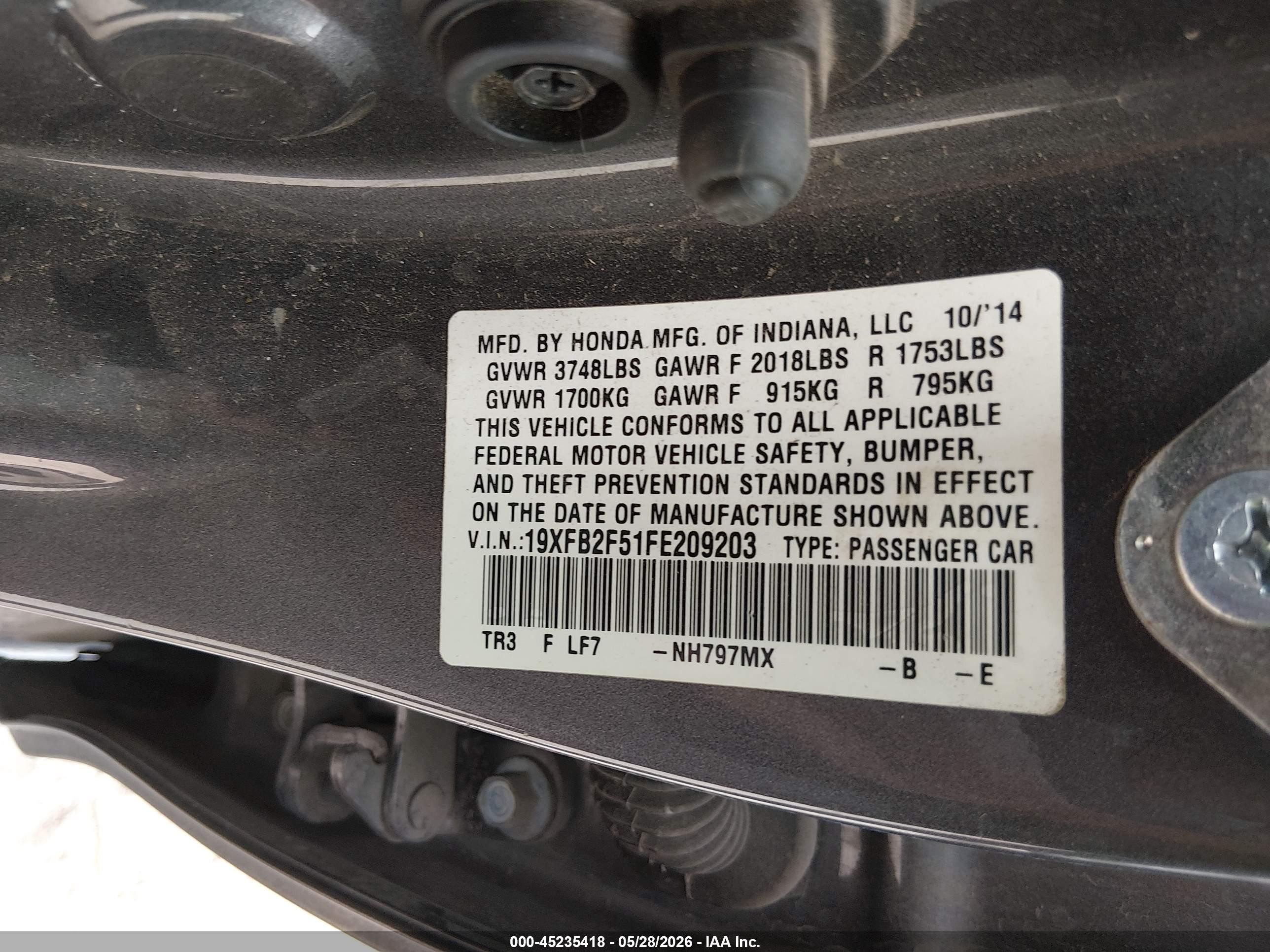2015 Honda Civic Lx Серый vin: 19XFB2F51FE209203