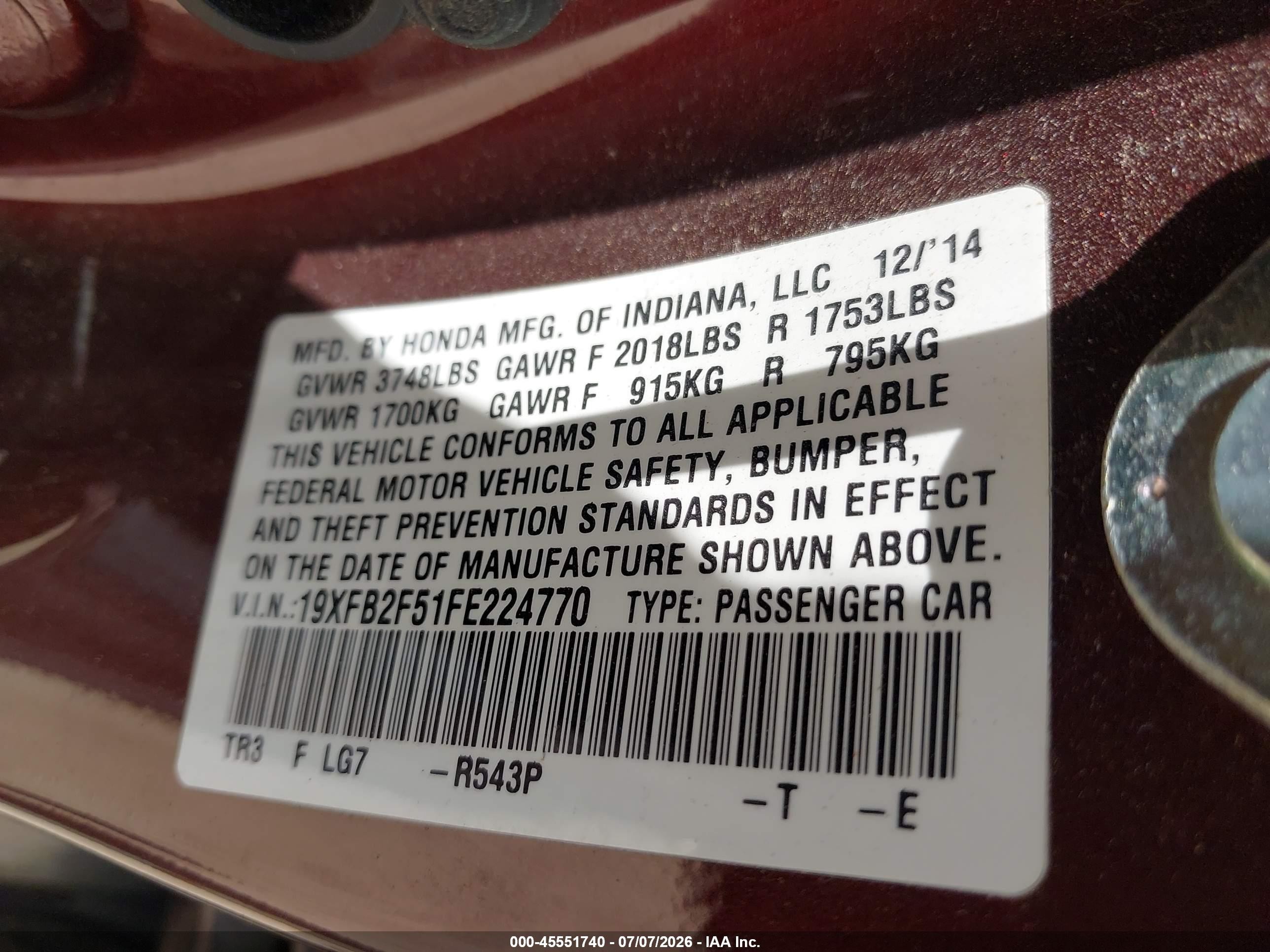 2015 Honda Civic Lx Burgundy vin: 19XFB2F51FE224770