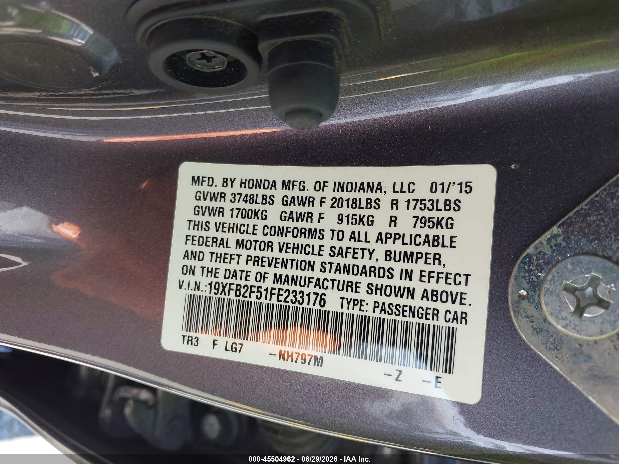 2015 Honda Civic Lx Gray vin: 19XFB2F51FE233176