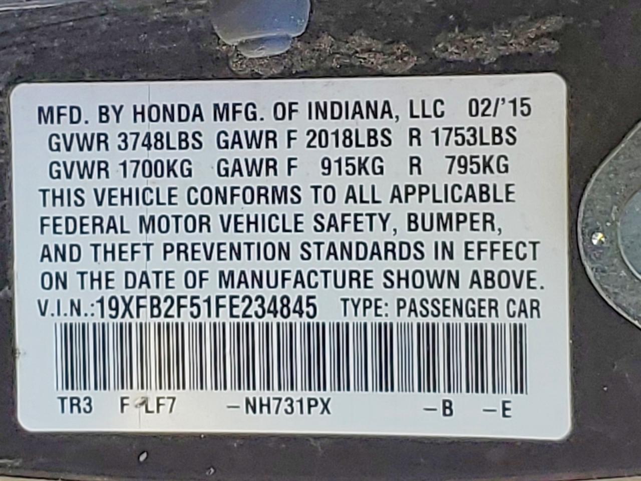 2015 Honda Civic Lx Black vin: 19XFB2F51FE234845