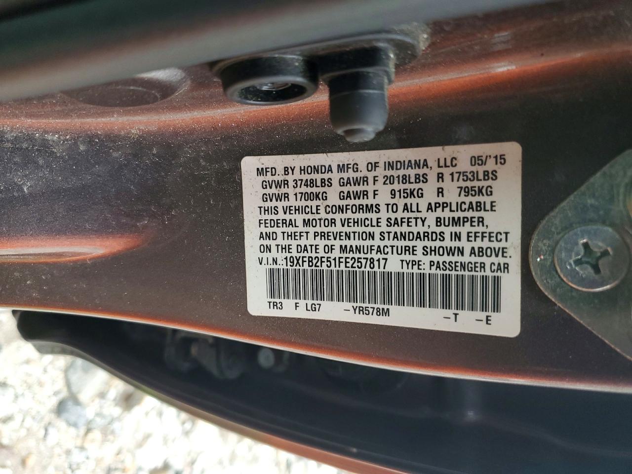 2015 Honda Civic Lx Brown vin: 19XFB2F51FE257817