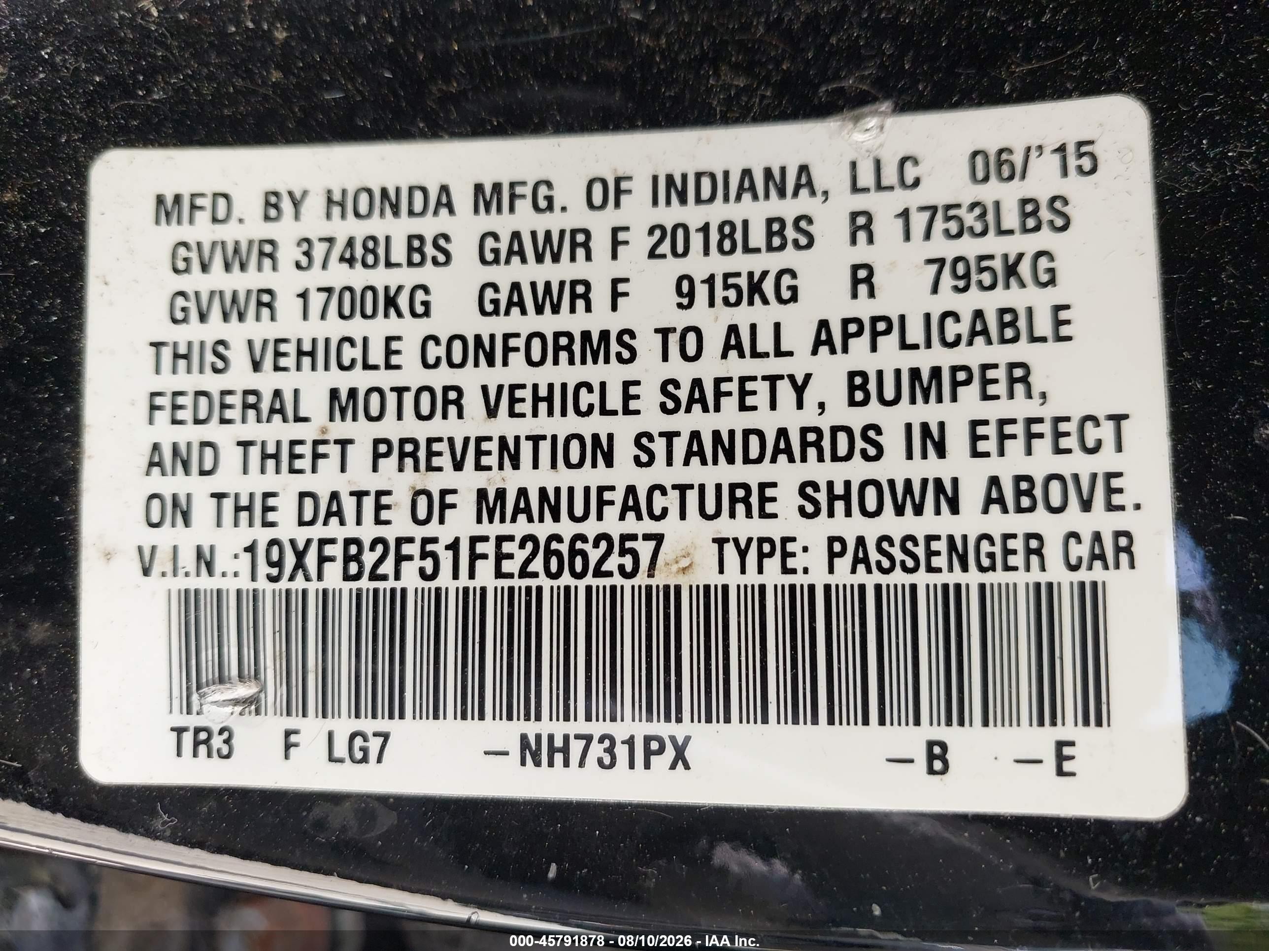 2015 Honda Civic Lx Black vin: 19XFB2F51FE266257