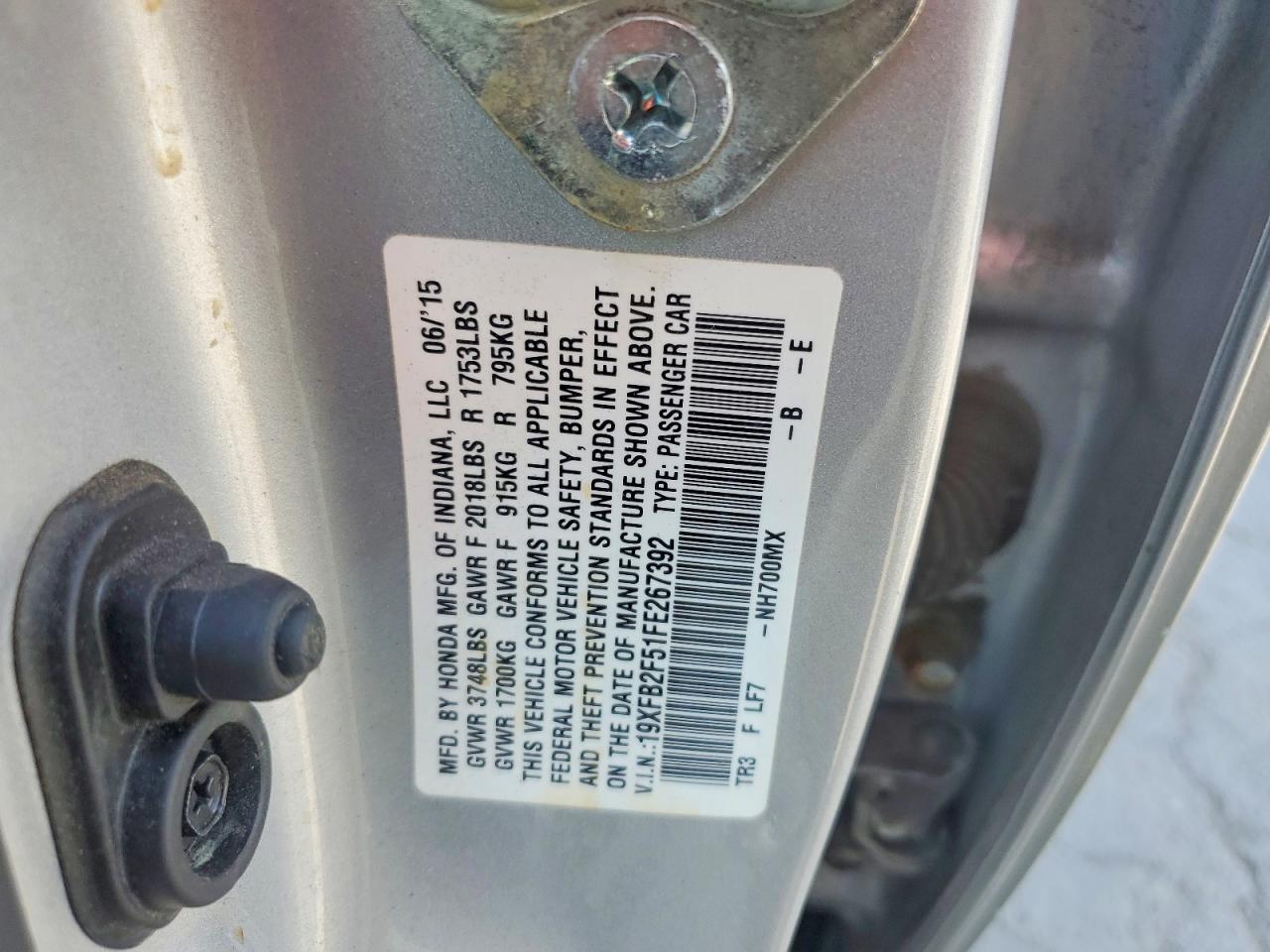 2015 Honda Civic Lx Silver vin: 19XFB2F51FE267392