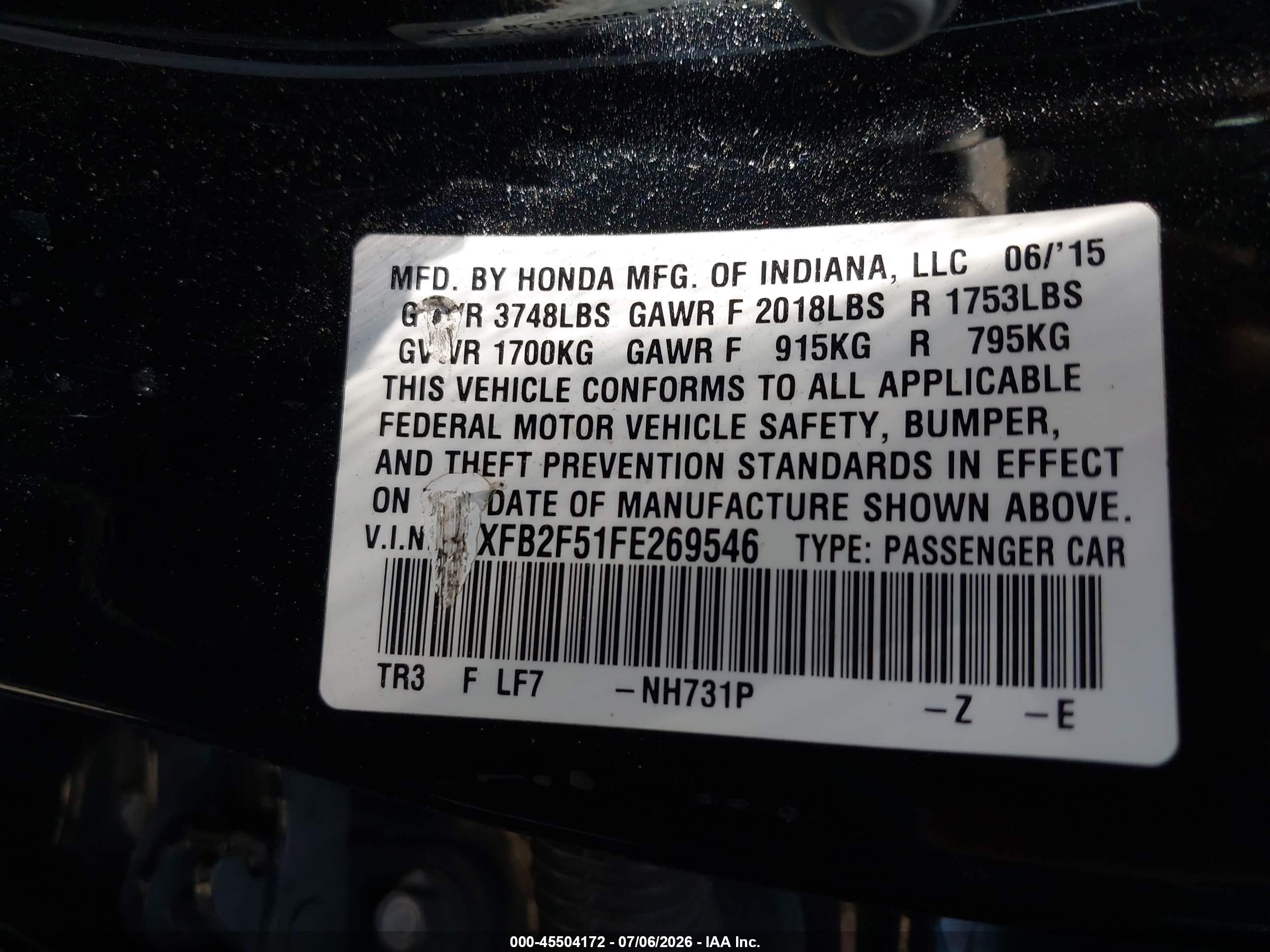 2015 Honda Civic Lx Black vin: 19XFB2F51FE269546