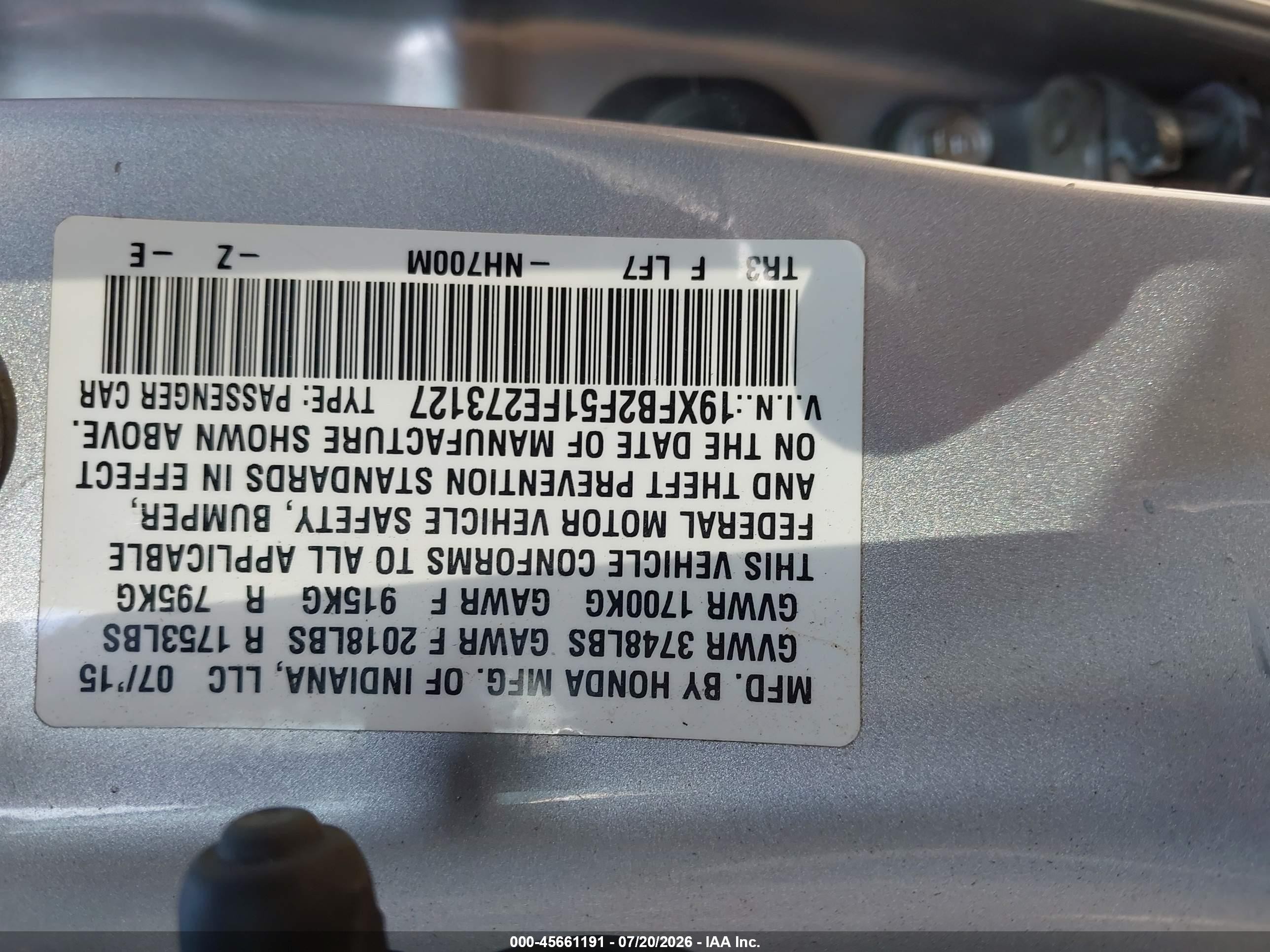 2015 Honda Civic Lx Silver vin: 19XFB2F51FE273127