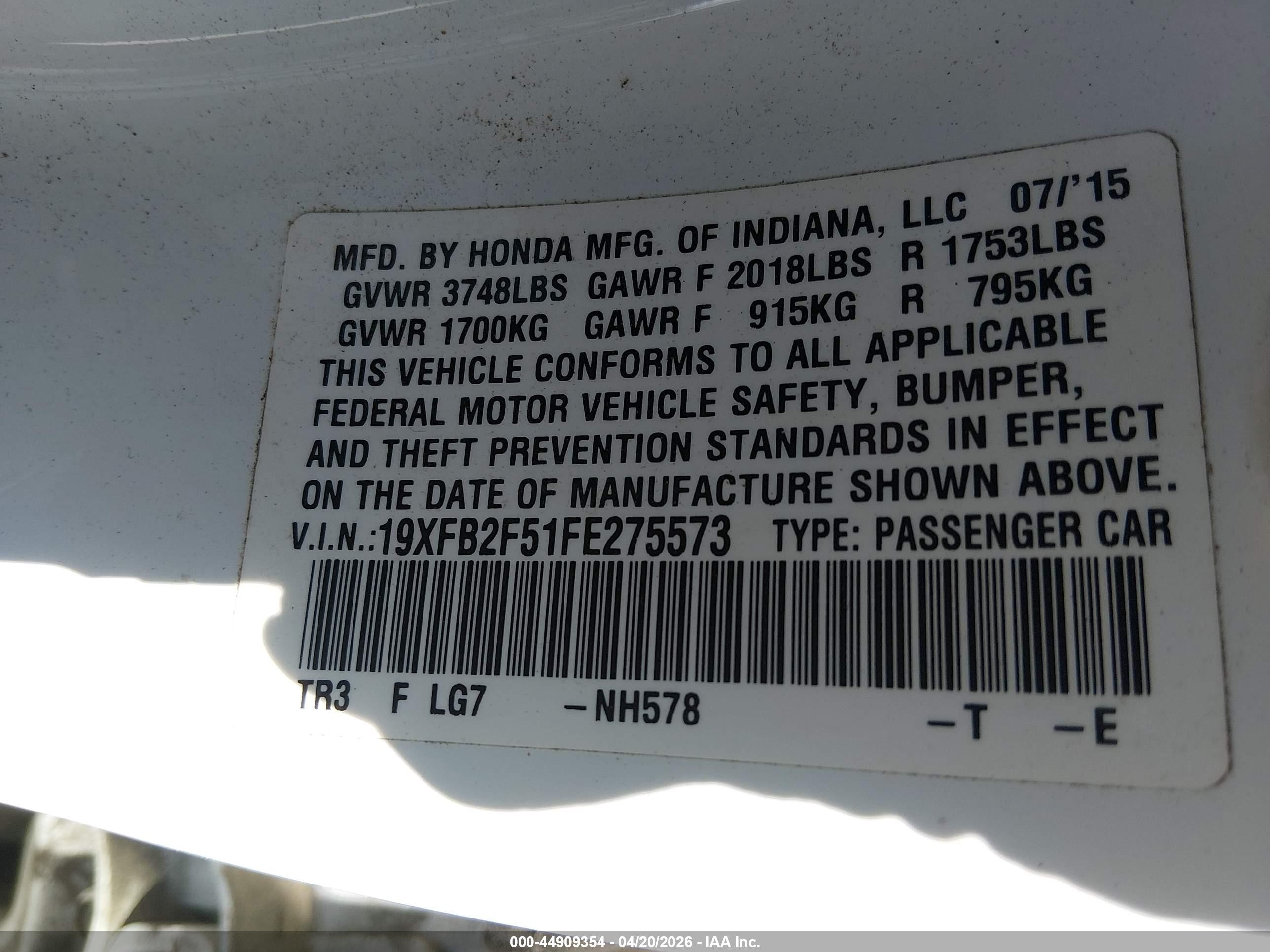 2015 Honda Civic Lx White vin: 19XFB2F51FE275573
