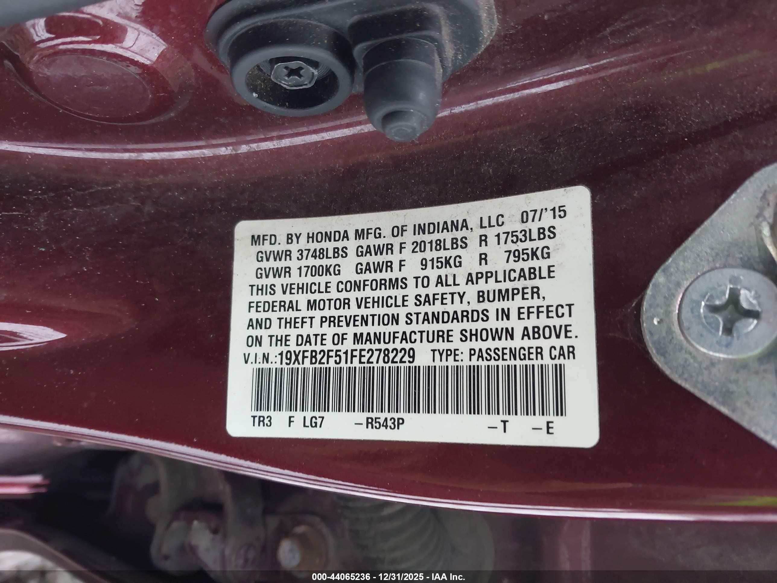 2015 Honda Civic Lx Maroon vin: 19XFB2F51FE278229