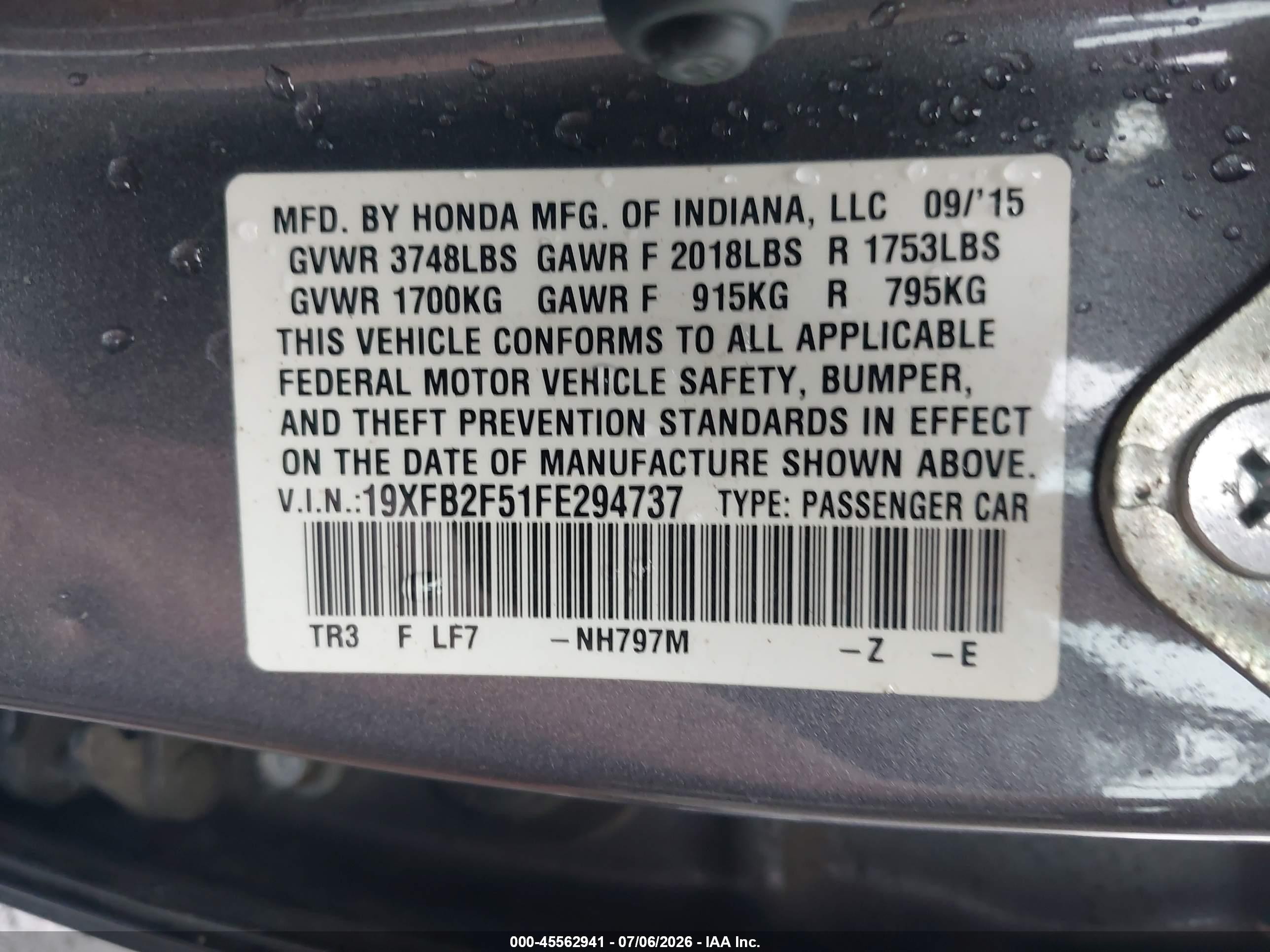 2015 Honda Civic Lx Gray vin: 19XFB2F51FE294737