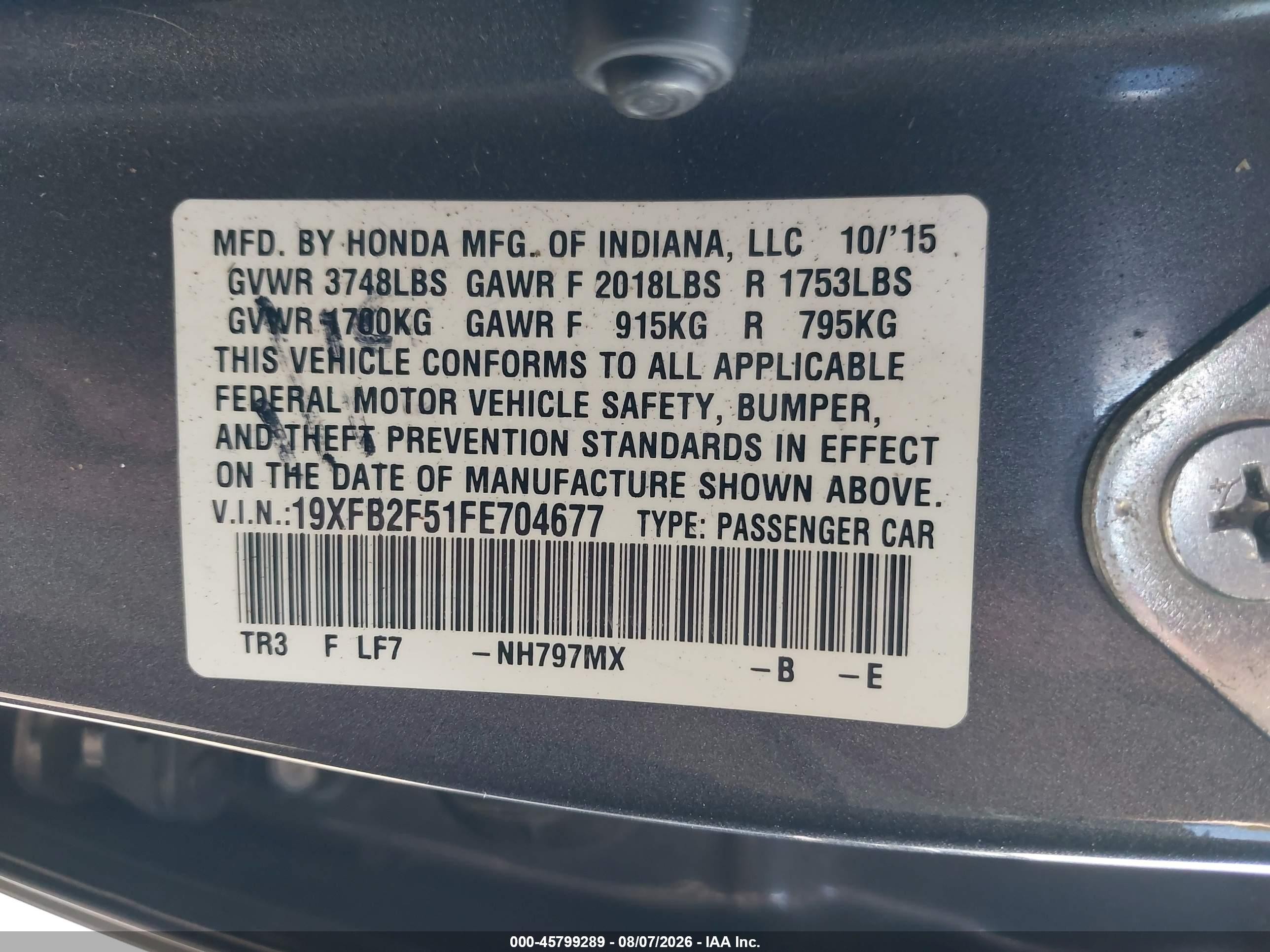 2015 Honda Civic Lx Gray vin: 19XFB2F51FE704677