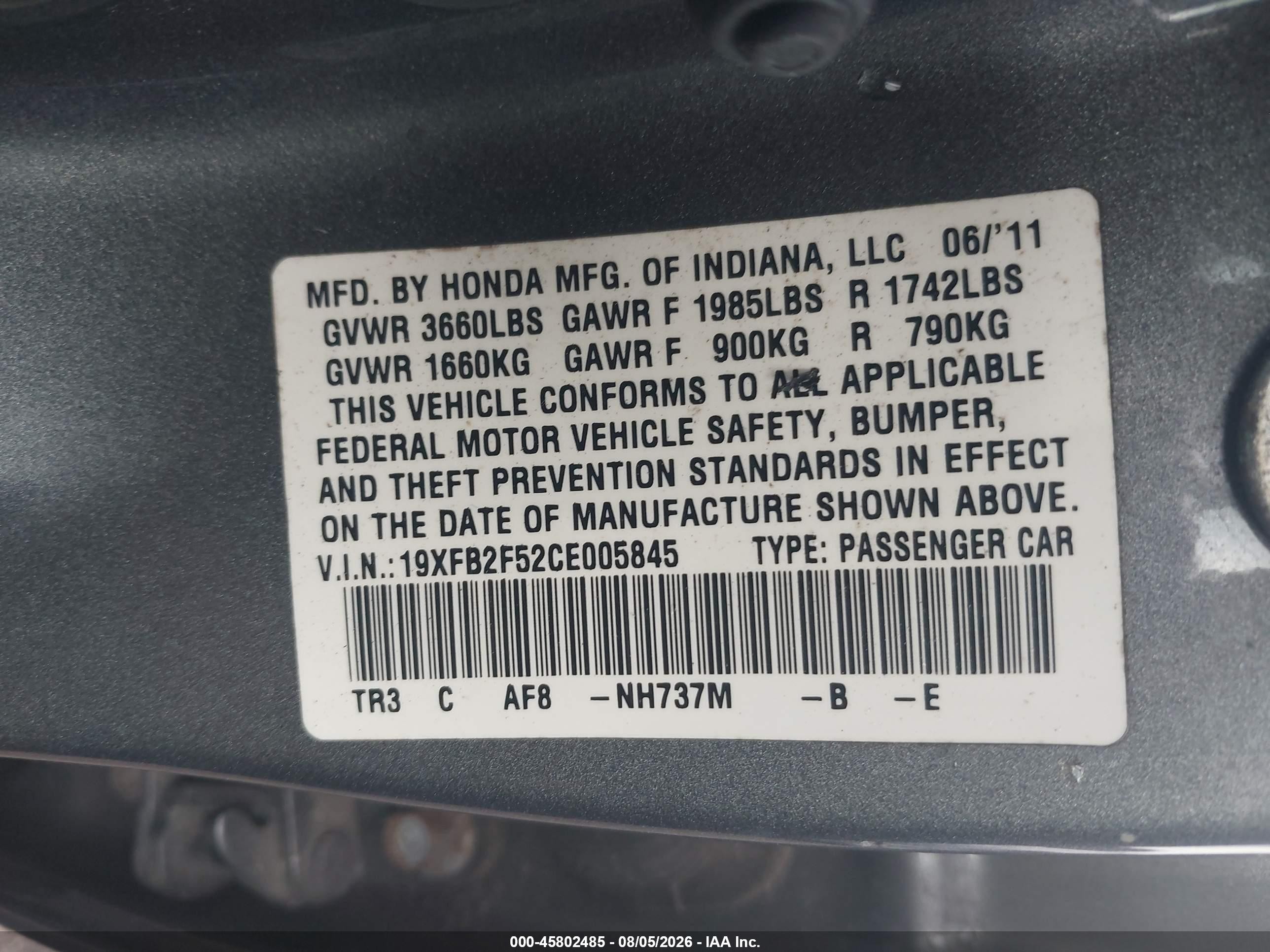 2012 Honda Civic Lx Gray vin: 19XFB2F52CE005845