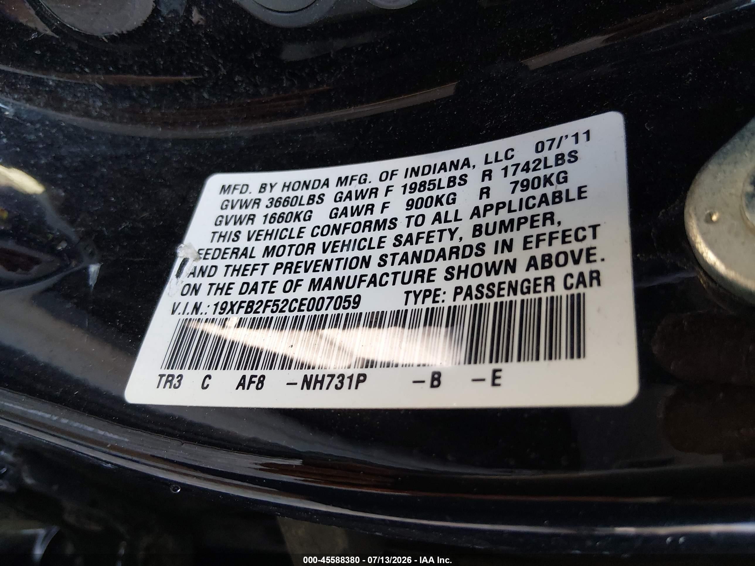 2012 Honda Civic Lx Black vin: 19XFB2F52CE007059