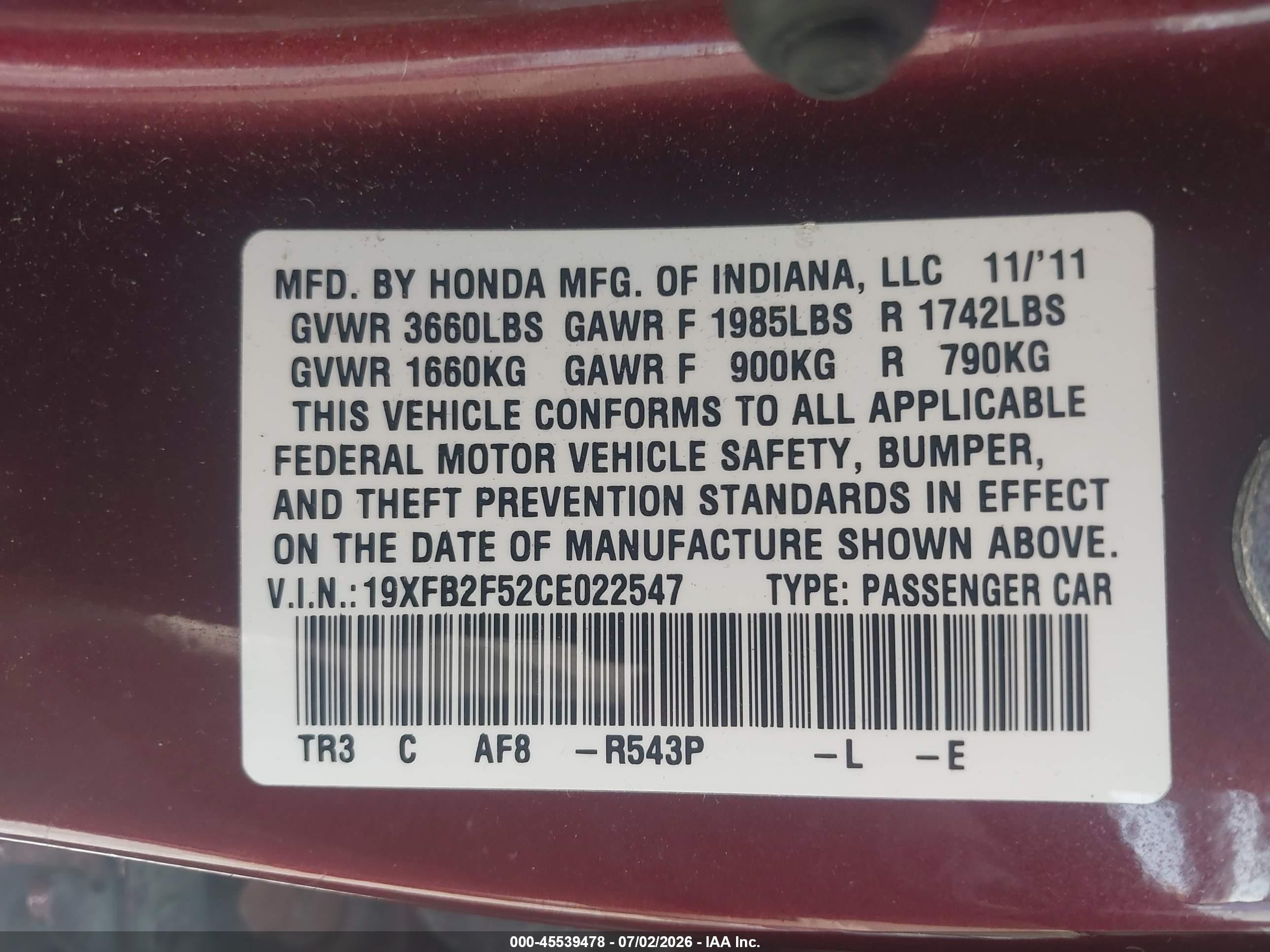 2012 Honda Civic Lx Maroon vin: 19XFB2F52CE022547