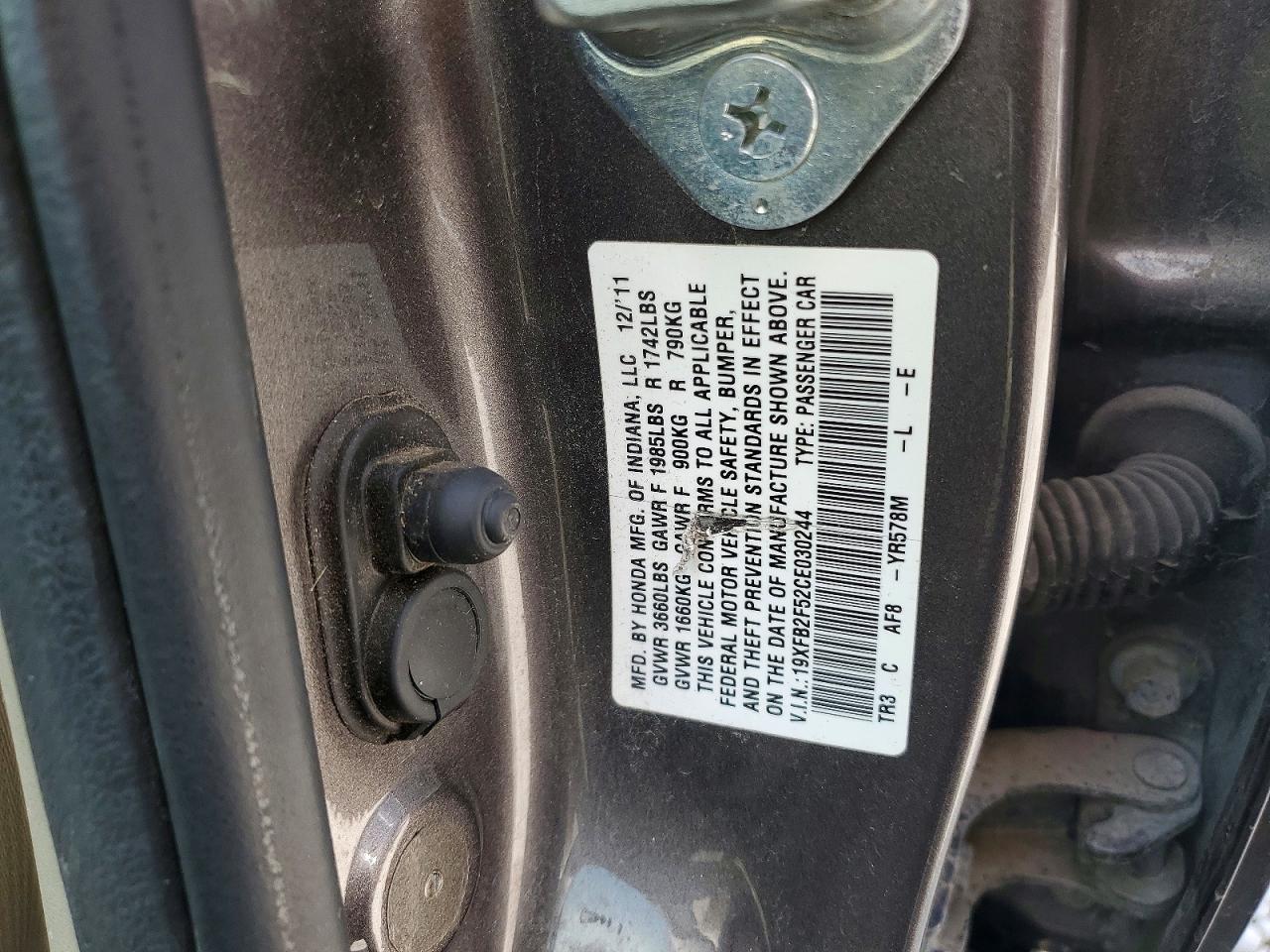 2012 Honda Civic Lx Gray vin: 19XFB2F52CE030244