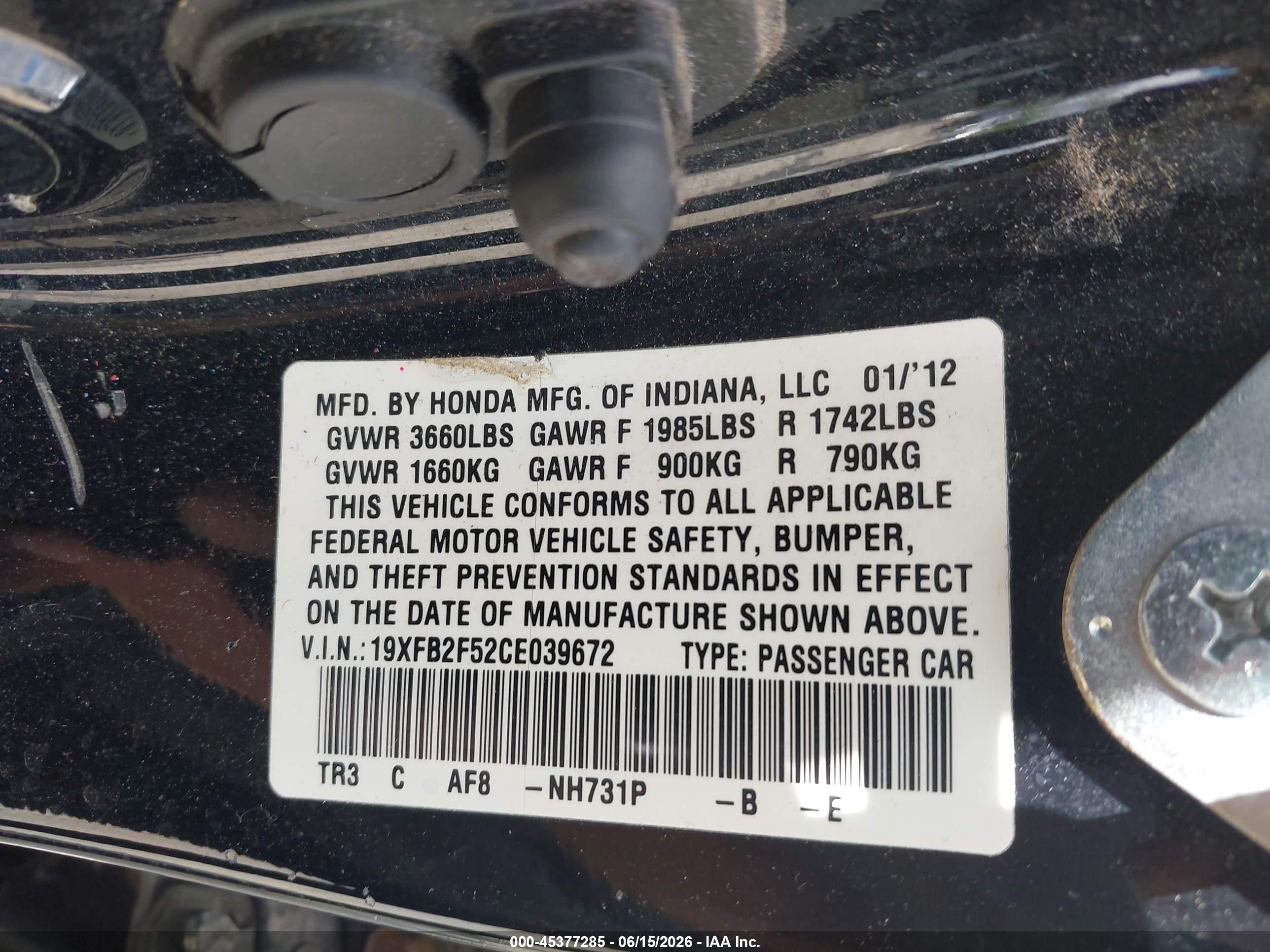 2012 Honda Civic Lx Black vin: 19XFB2F52CE039672